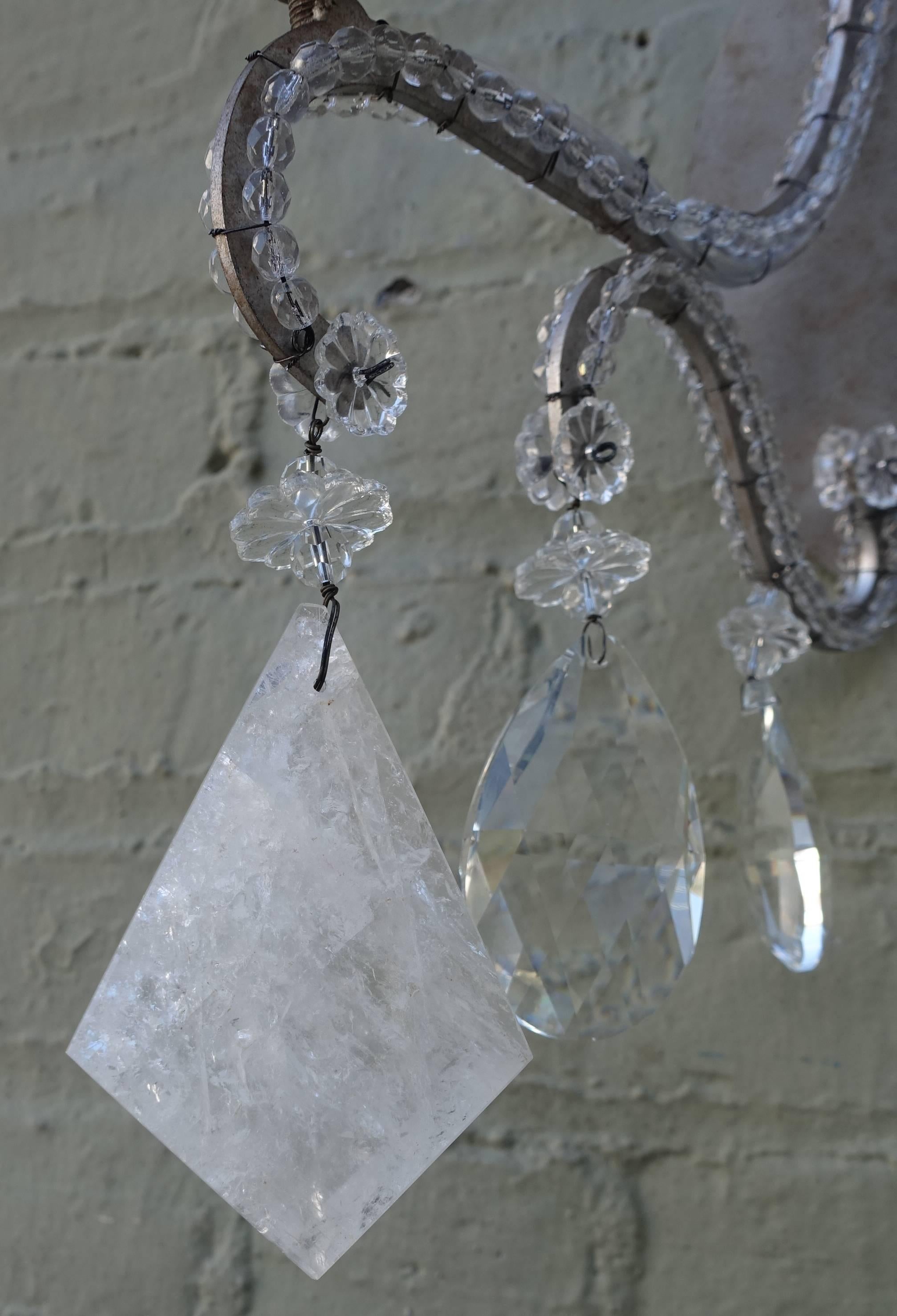Pair of two-light beaded arm crystal sconces with kite shaped rock crystals. Newly wired.