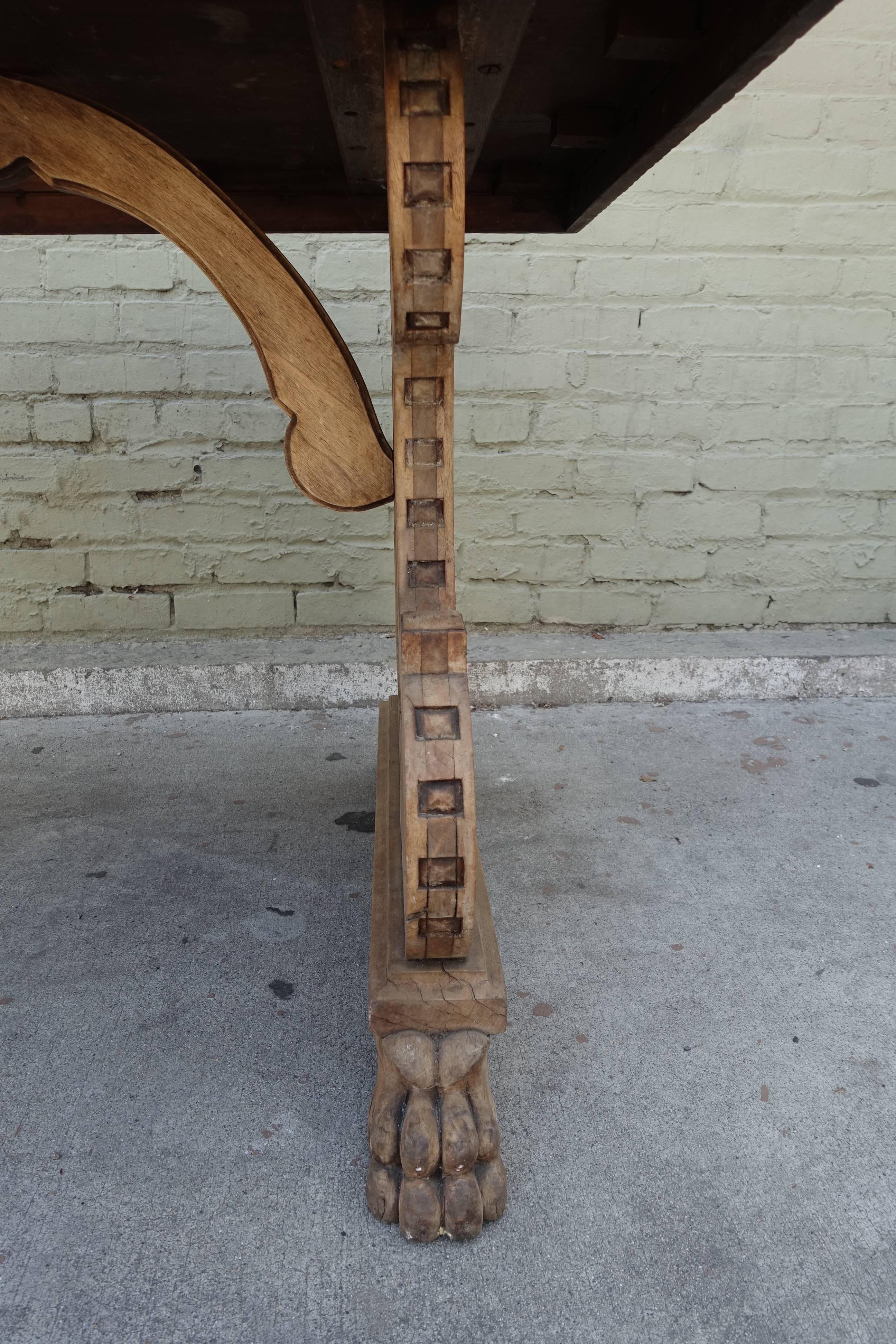 Carved Italian Trestle Writing Table, circa 1900 In Distressed Condition In Los Angeles, CA