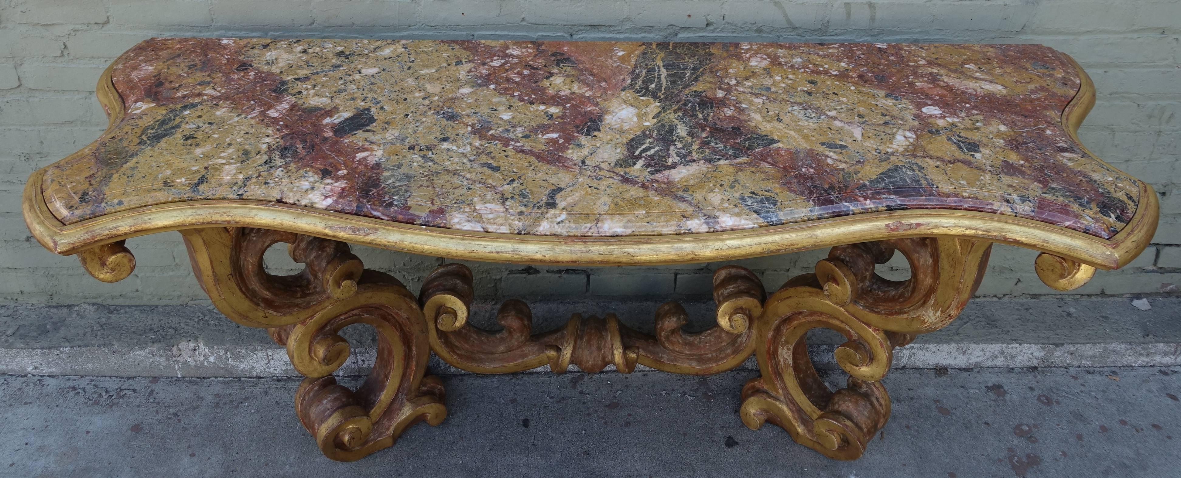 Rococo Giltwood Italian Console with Serpentine Marble Top