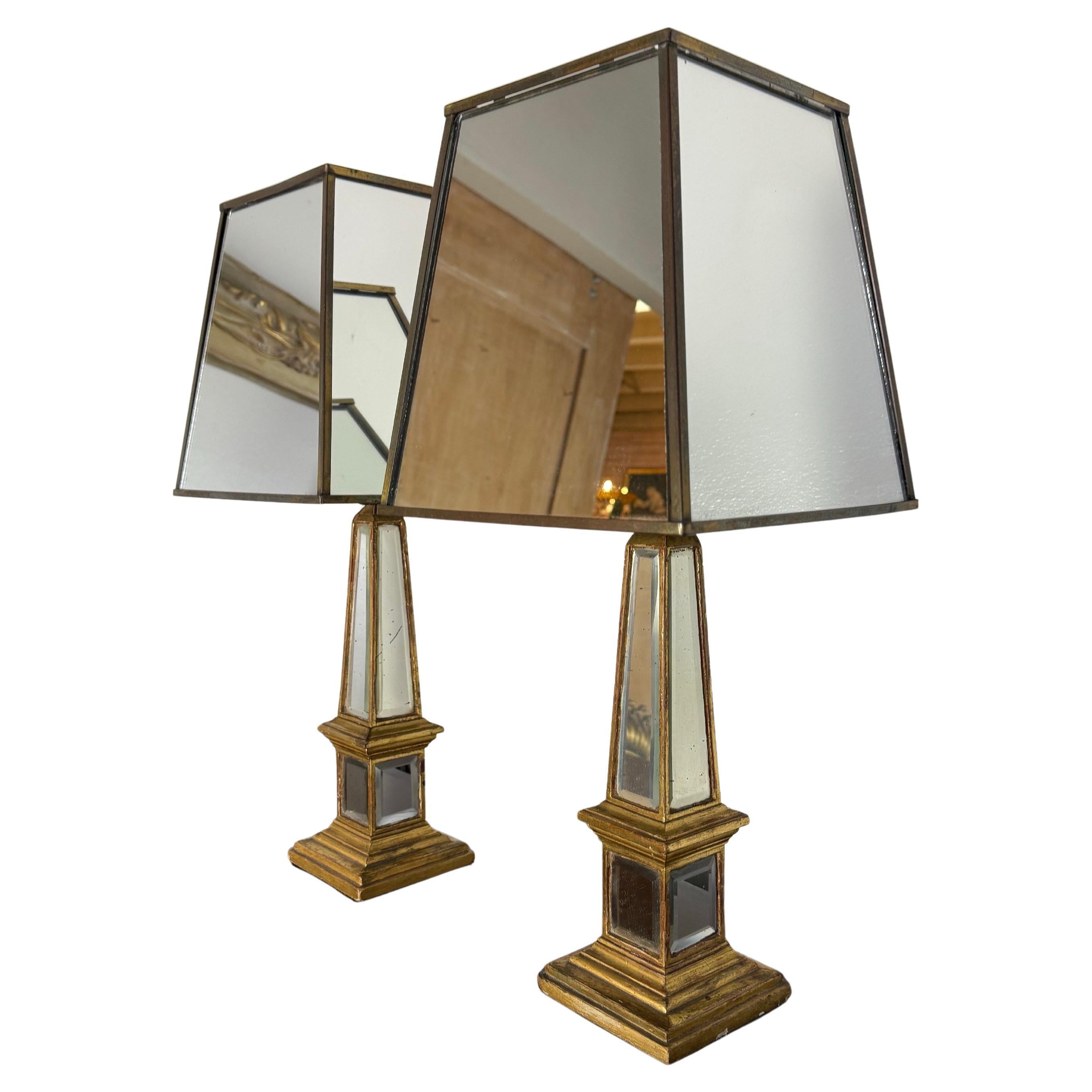Hollywood Regency Table Lamps, Mirrored Obelisk Design, 1960s, Pair