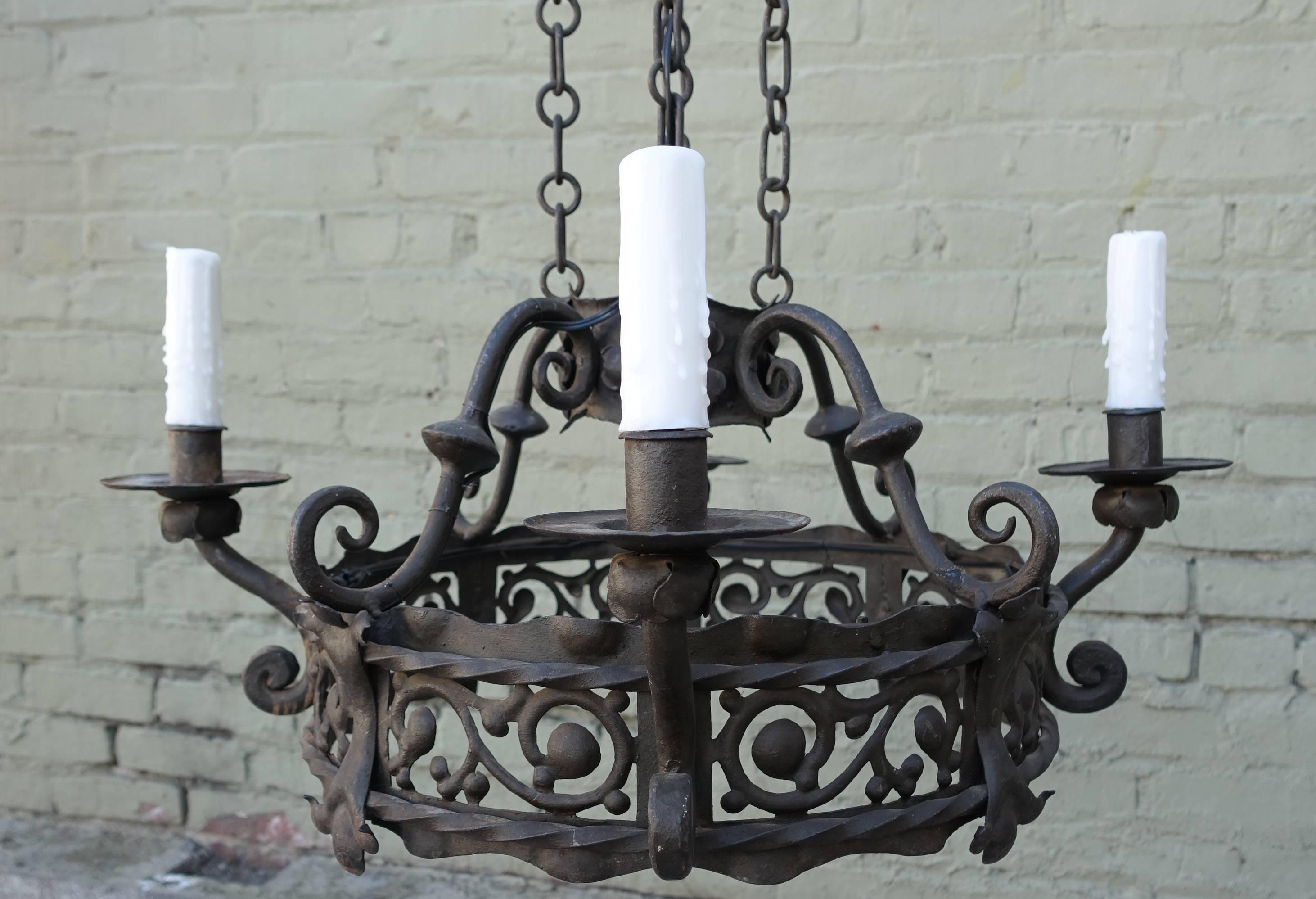 Spanish Four-Light Wrought Iron Chandelier In Excellent Condition In Los Angeles, CA
