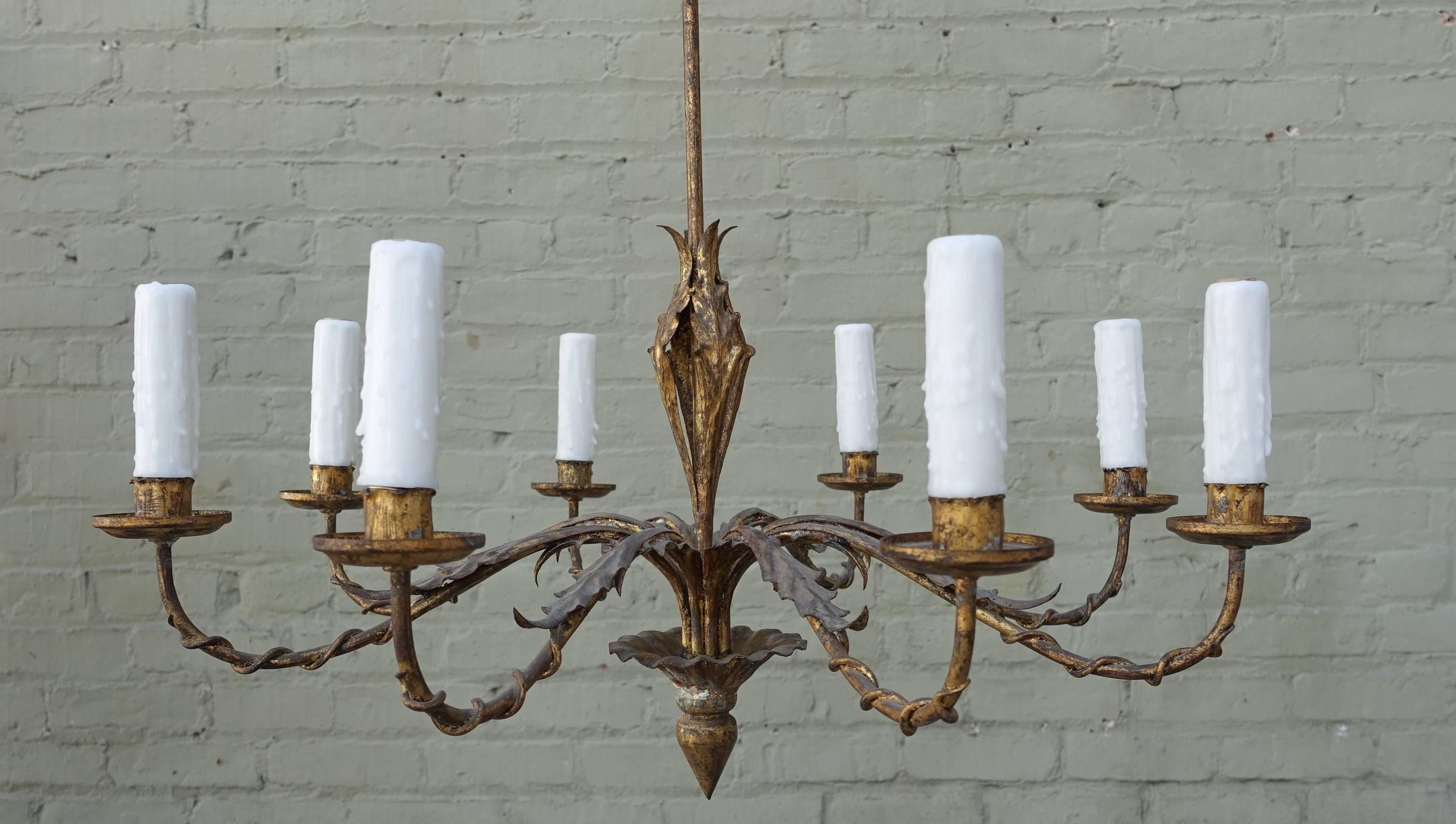 Eight-light Italian gilt metal chandelier newly wired with chain and canopy included.