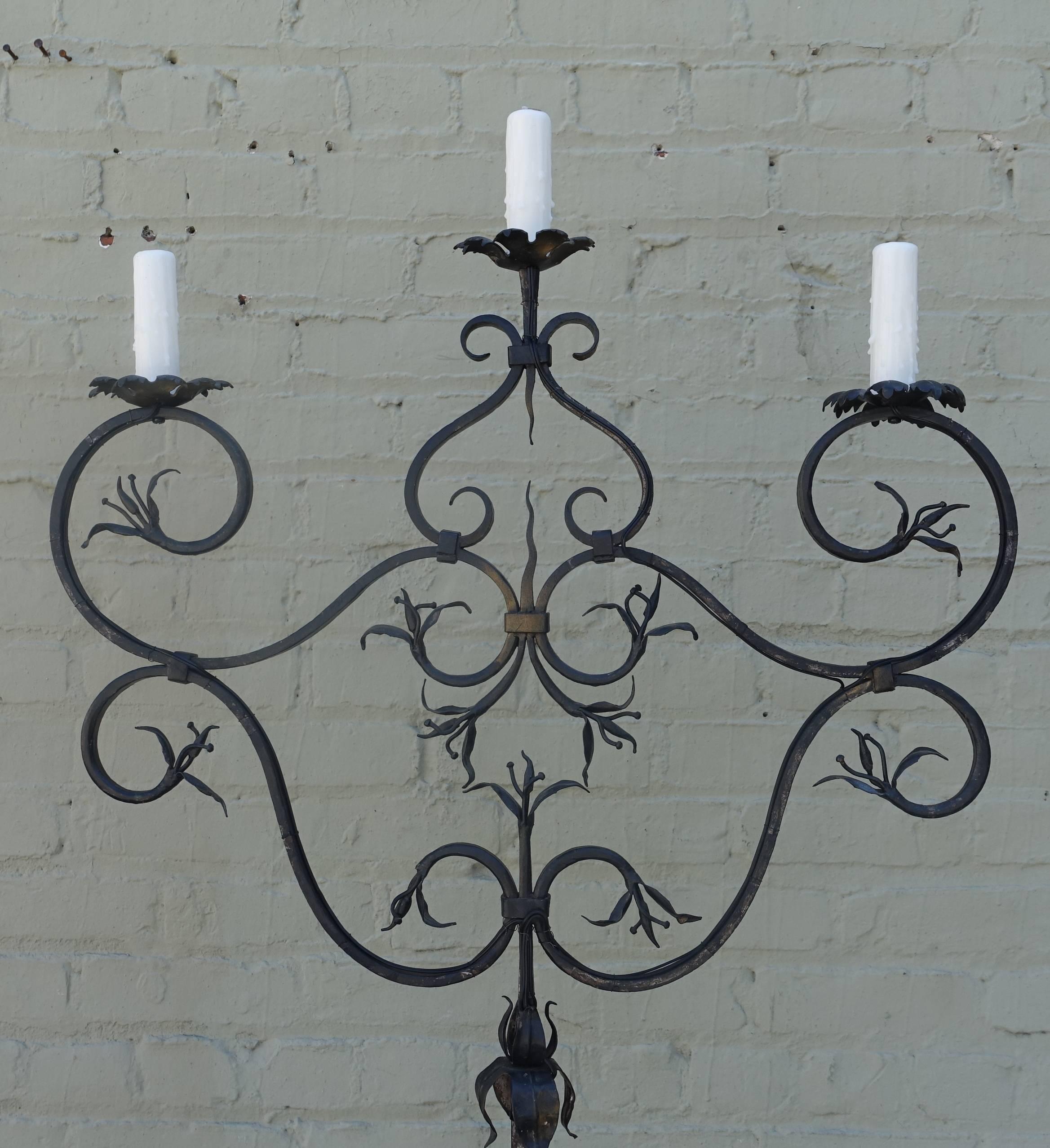 Baroque Spanish Three-Light Wrought Iron Candelabra Lamp