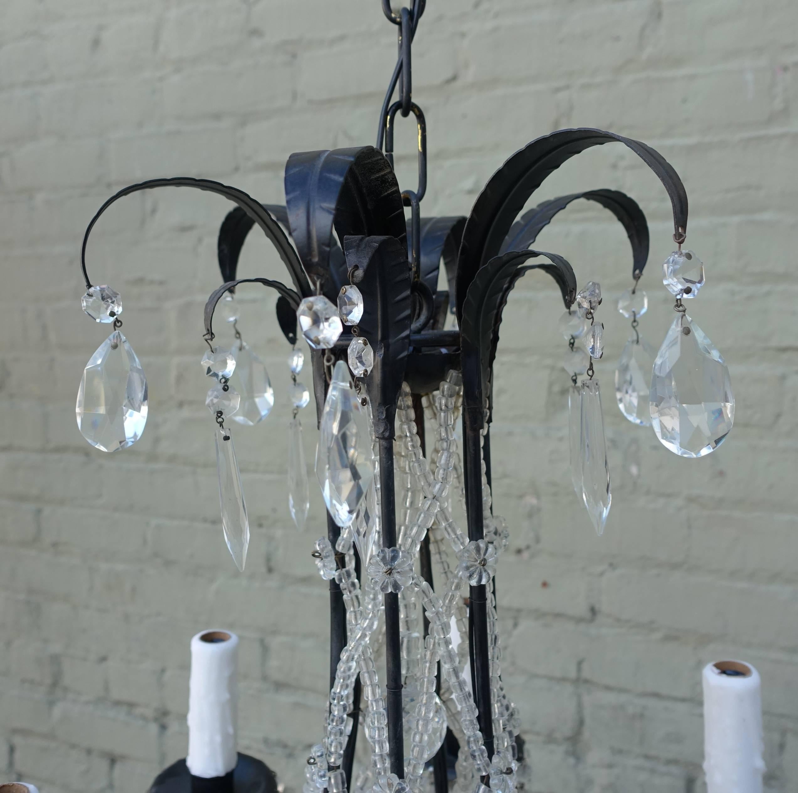 Italian crystal beaded six-arm chandelier with leaf details. Wired and ready to be installed.