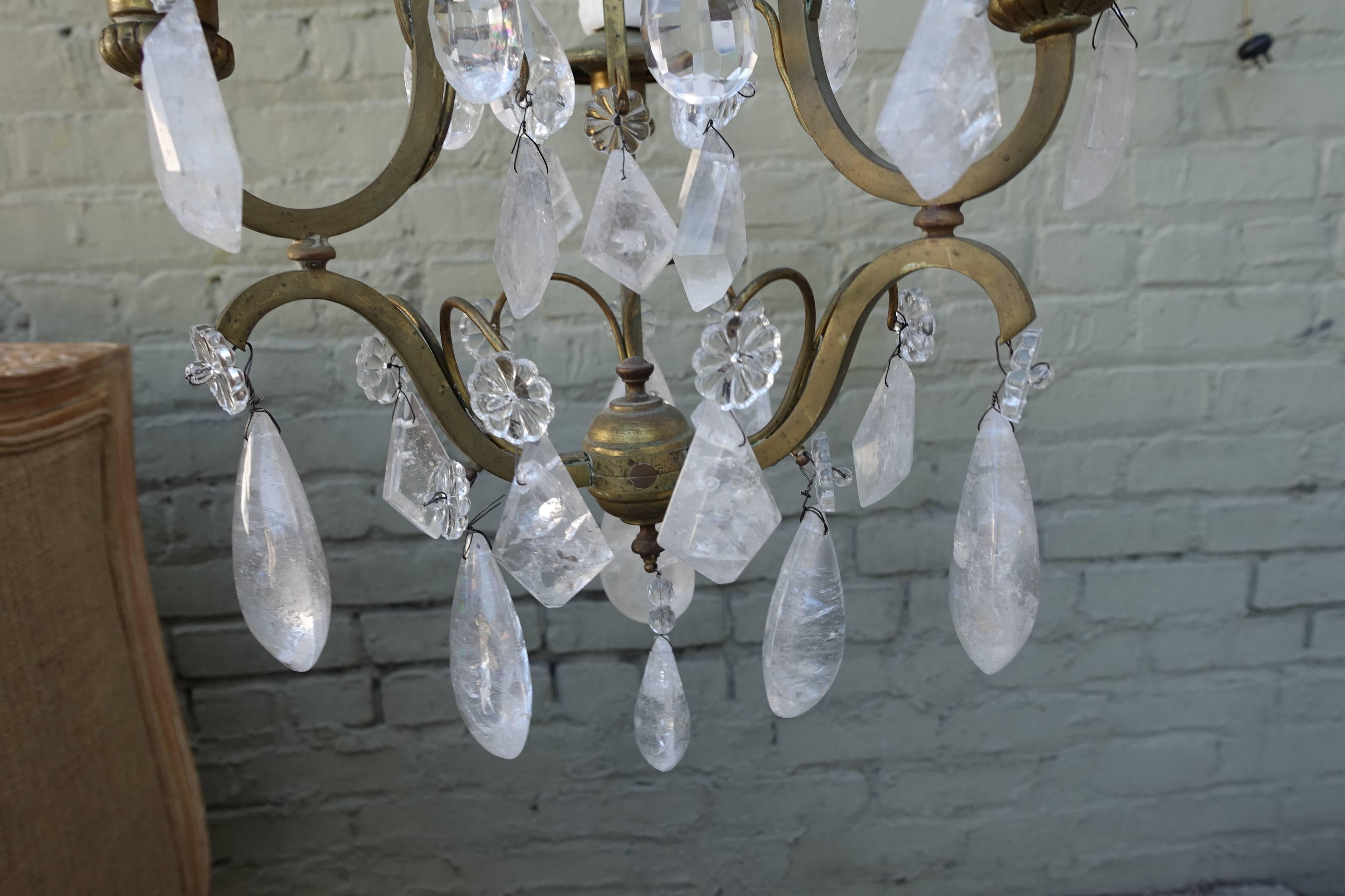 French Three-Light Rock Crystal Chandelier In Excellent Condition In Los Angeles, CA