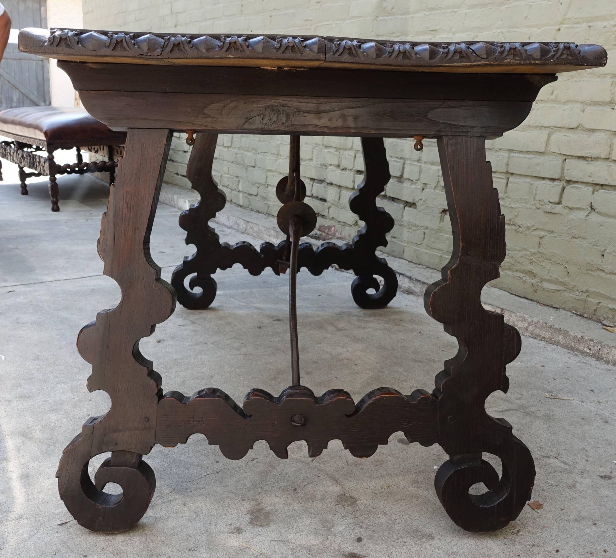 19th Century Spanish Walnut Table with Iron Stretcher 1