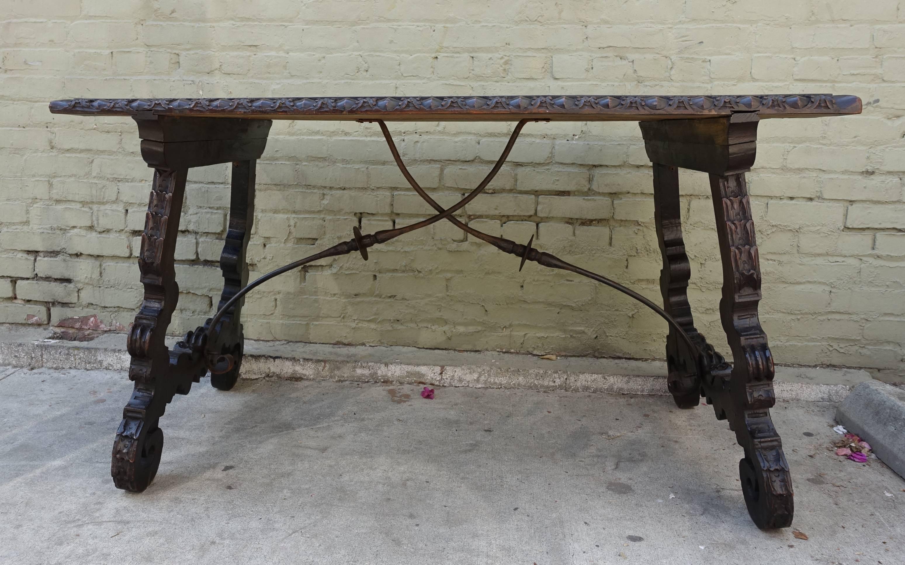 19th Century Spanish Walnut Table with Iron Stretcher 3