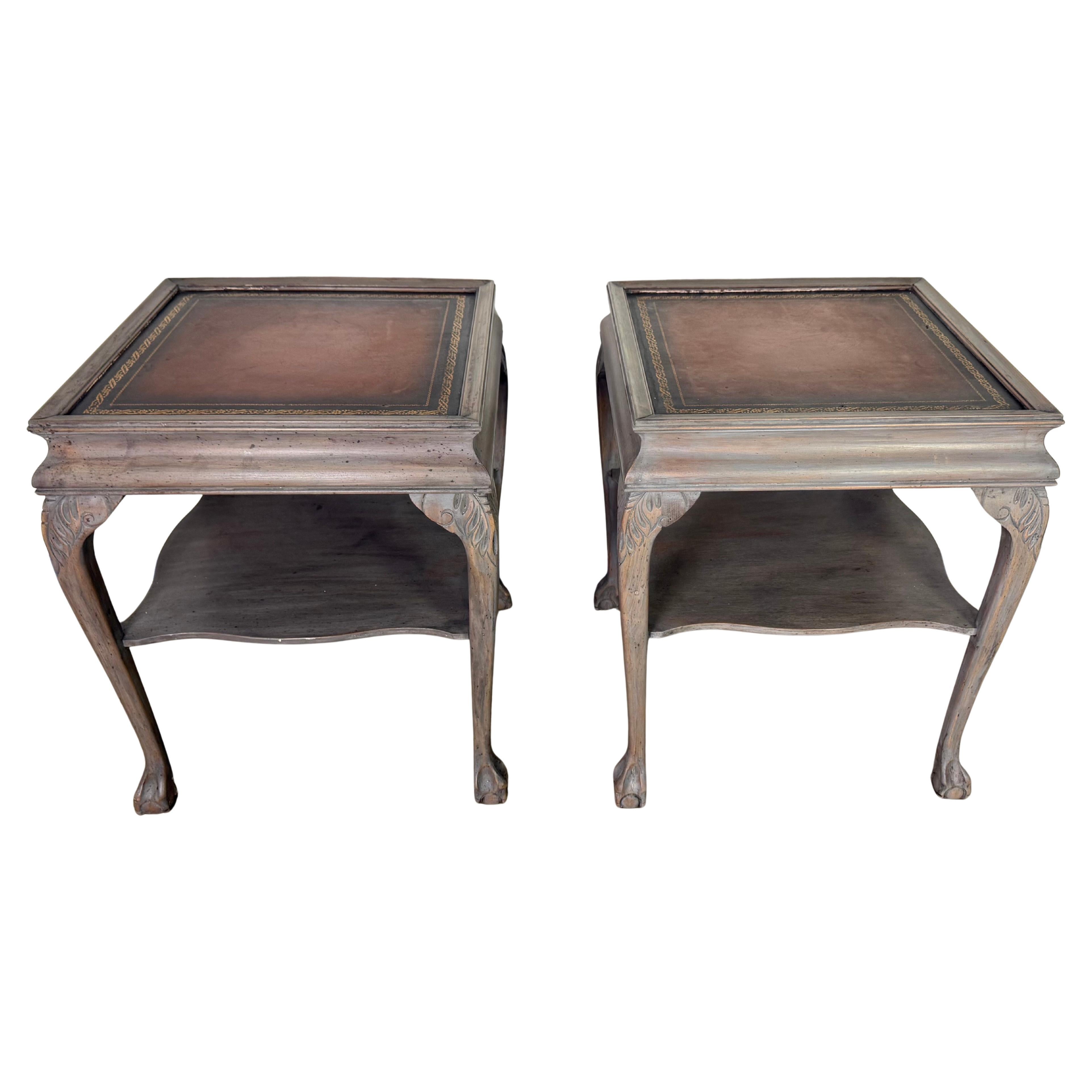 Pair of Distressed English Chippendale End Tables, Leather Tops, 1930s For Sale
