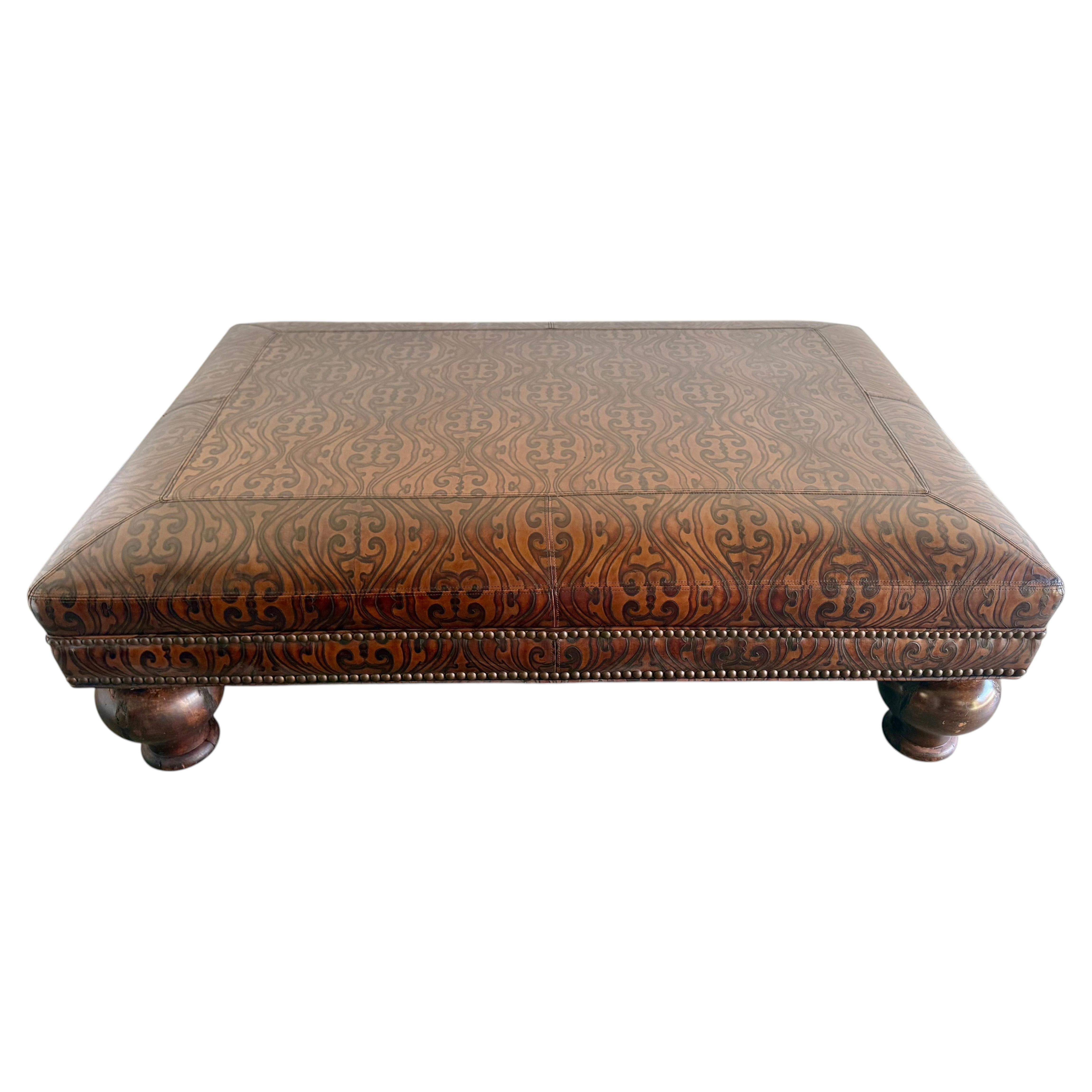 Spanish Colonial Style Embossed Leather Ottoman with Bun Feet