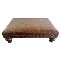 Spanish Colonial Style Embossed Leather Ottoman with Bun Feet