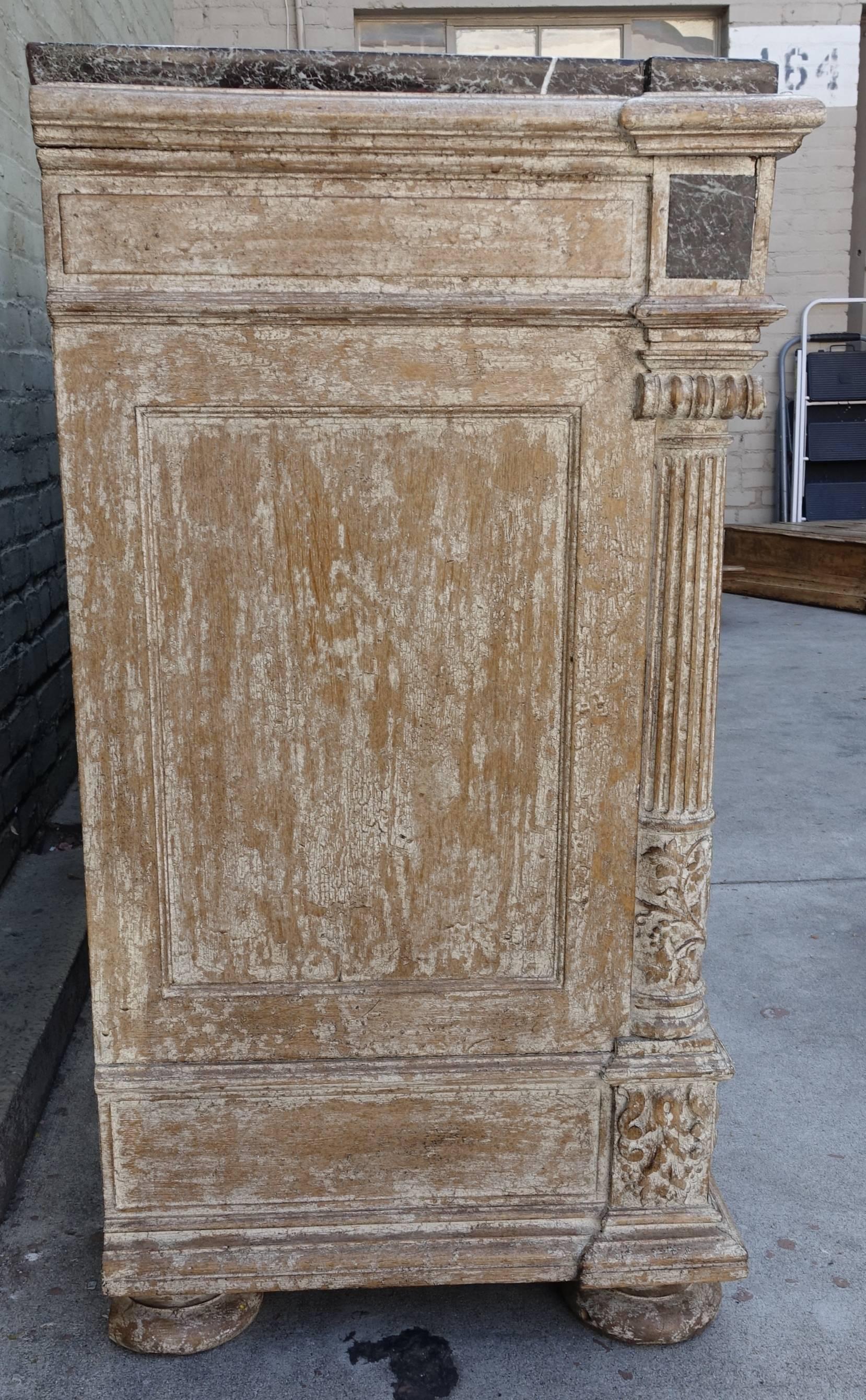 19th Century French Carved Painted Sideboard with Green Marble Top In Distressed Condition In Los Angeles, CA