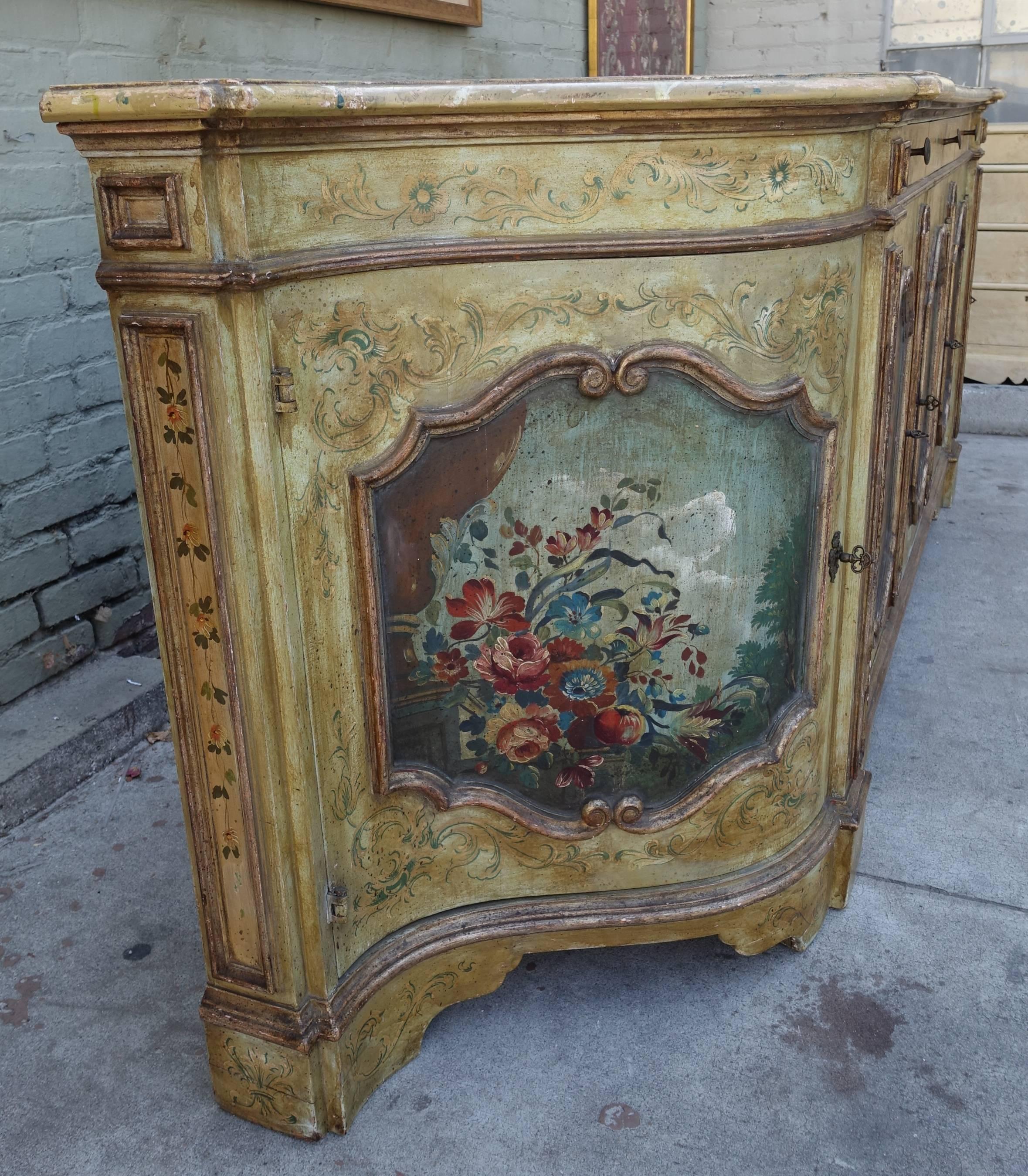 19th Century Venetian Painted Credenza In Distressed Condition In Los Angeles, CA