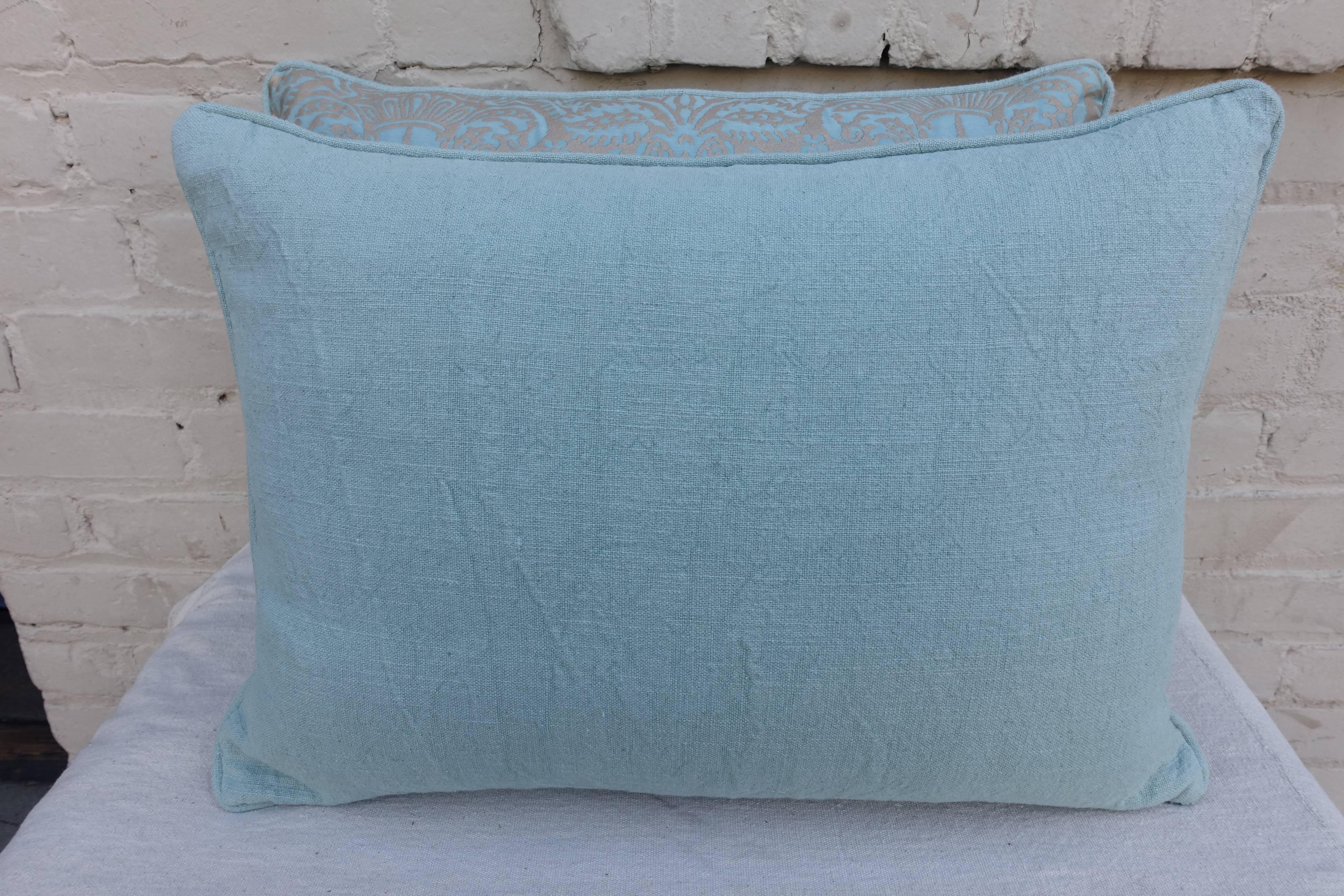Pair of custom authentic aquamarine and metallic silvery gold Fortuny textile pillows. Soft blue linen backs. Down inserts.
