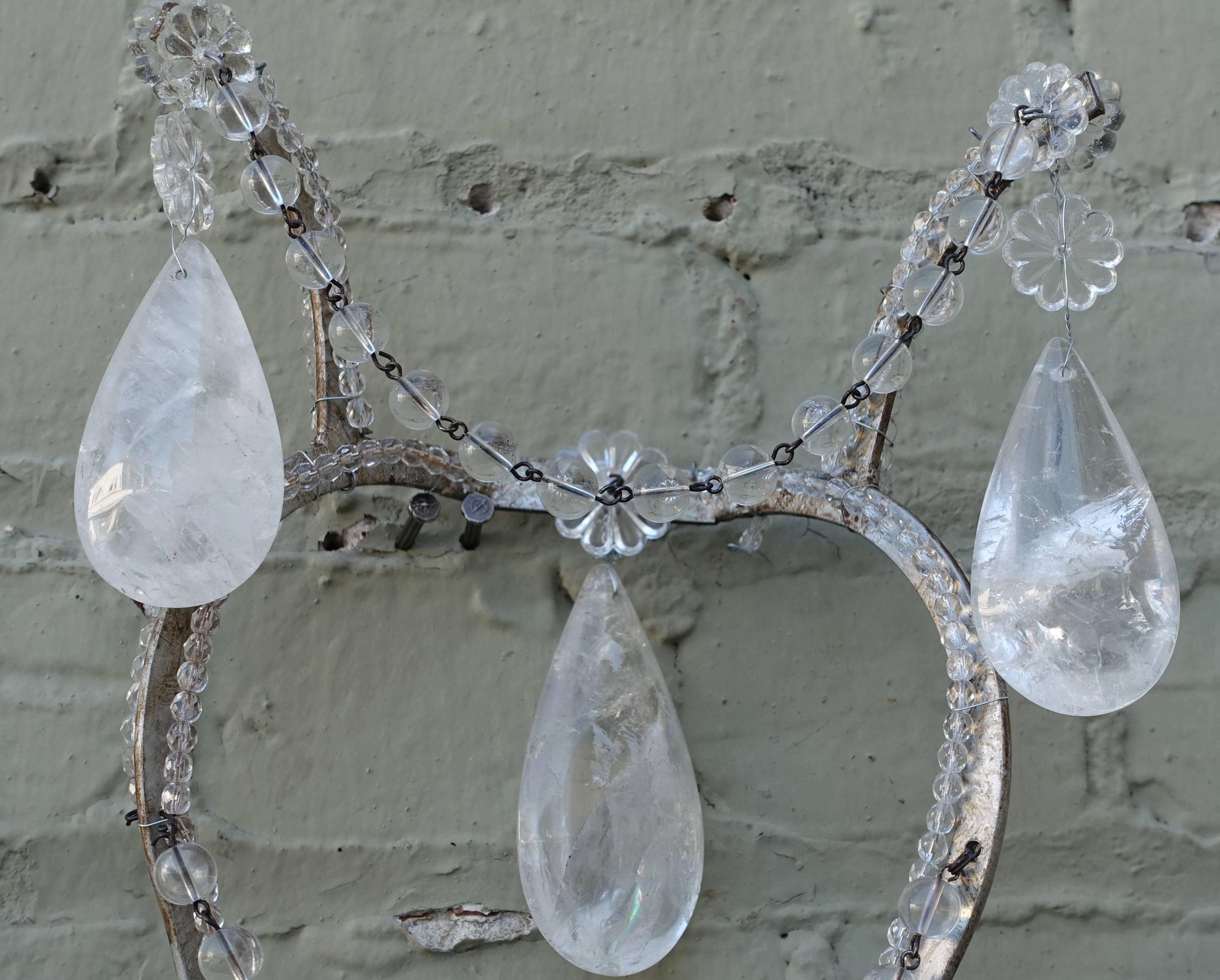 Silvered Pair of Rock Crystal Two-Light Sconces