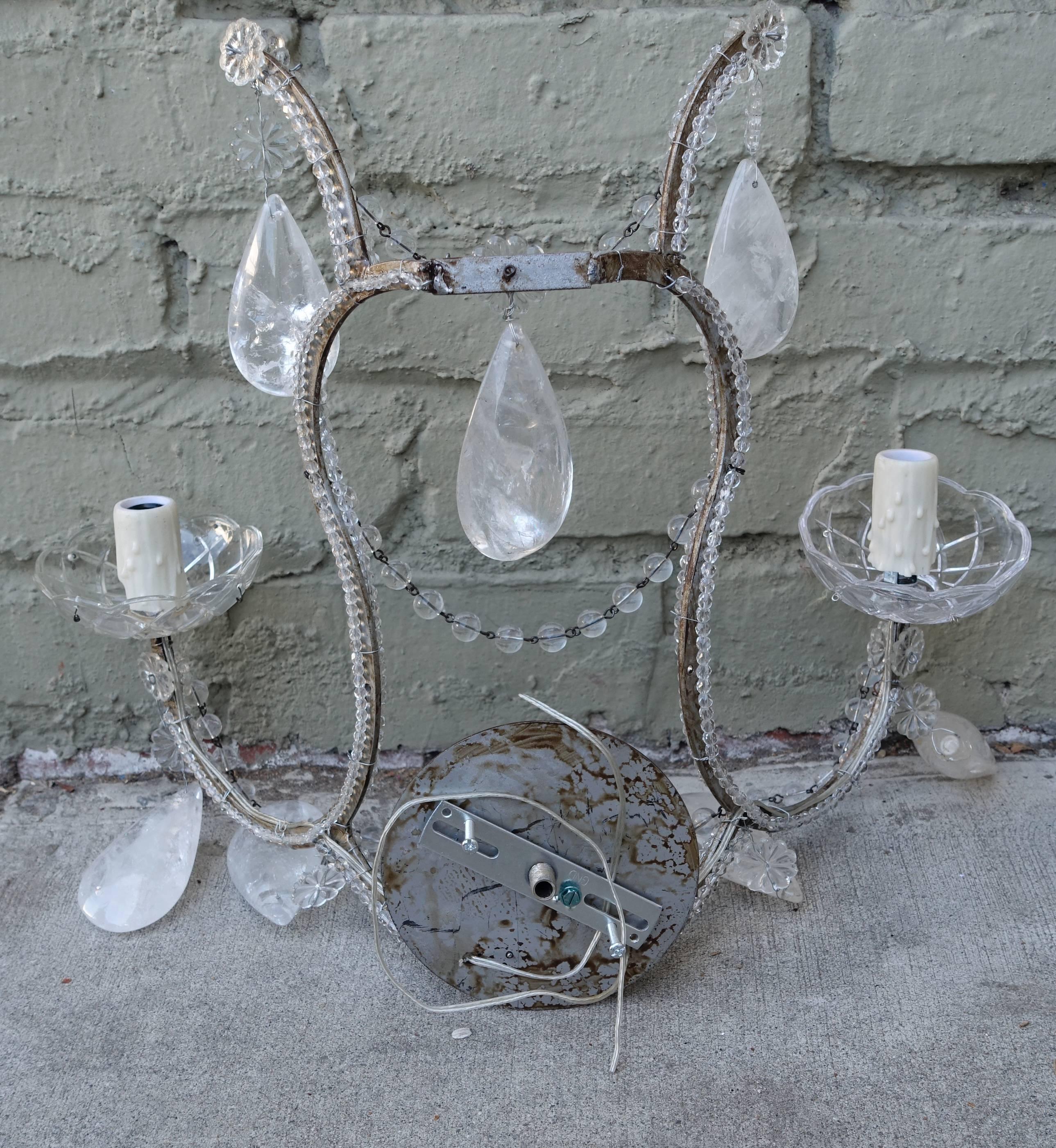 Pair of Rock Crystal Two-Light Sconces In Excellent Condition In Los Angeles, CA