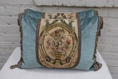 Pair of Custom Embroidered Linen Velvet Pillows with Tassel Fringe
