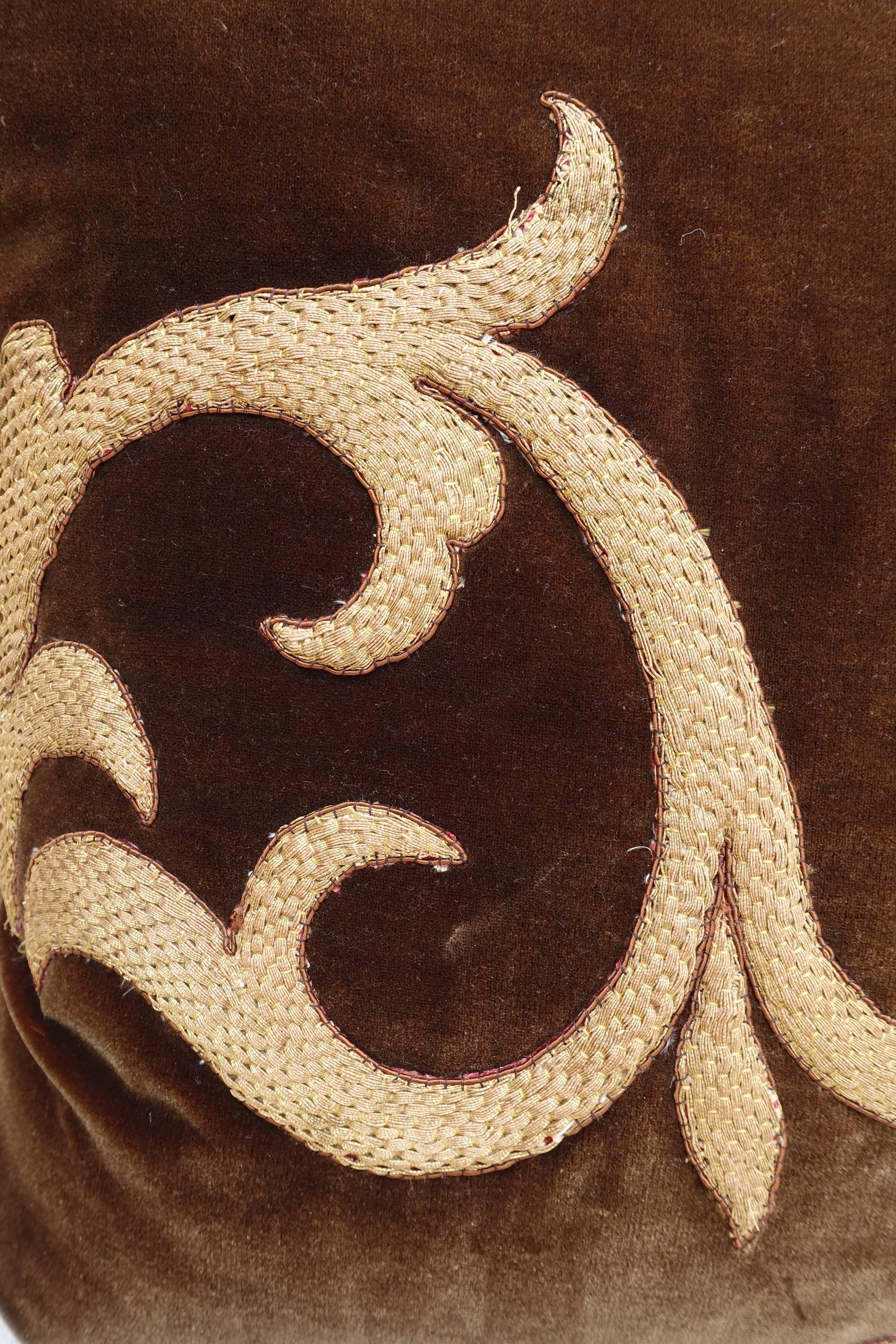 Baroque Pair of Gold Metallic Appliqued Silk Velvet Pillows