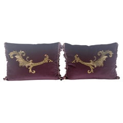 Custom Velvet Pillows with 19th Century French Metallic Embroidered Appliqués