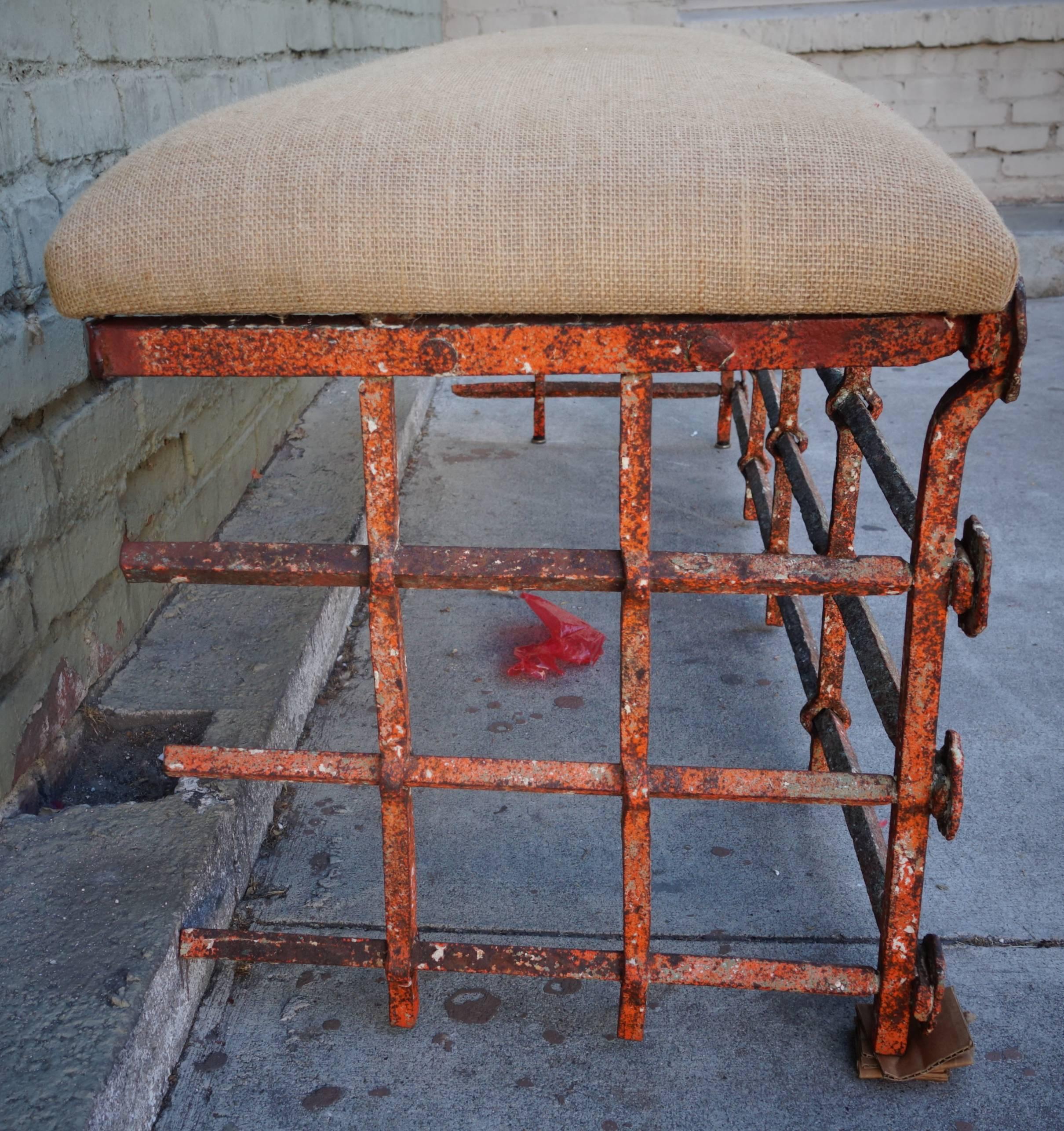 18th Century Spanish Painted Wrought Iron Bench In Distressed Condition In Los Angeles, CA