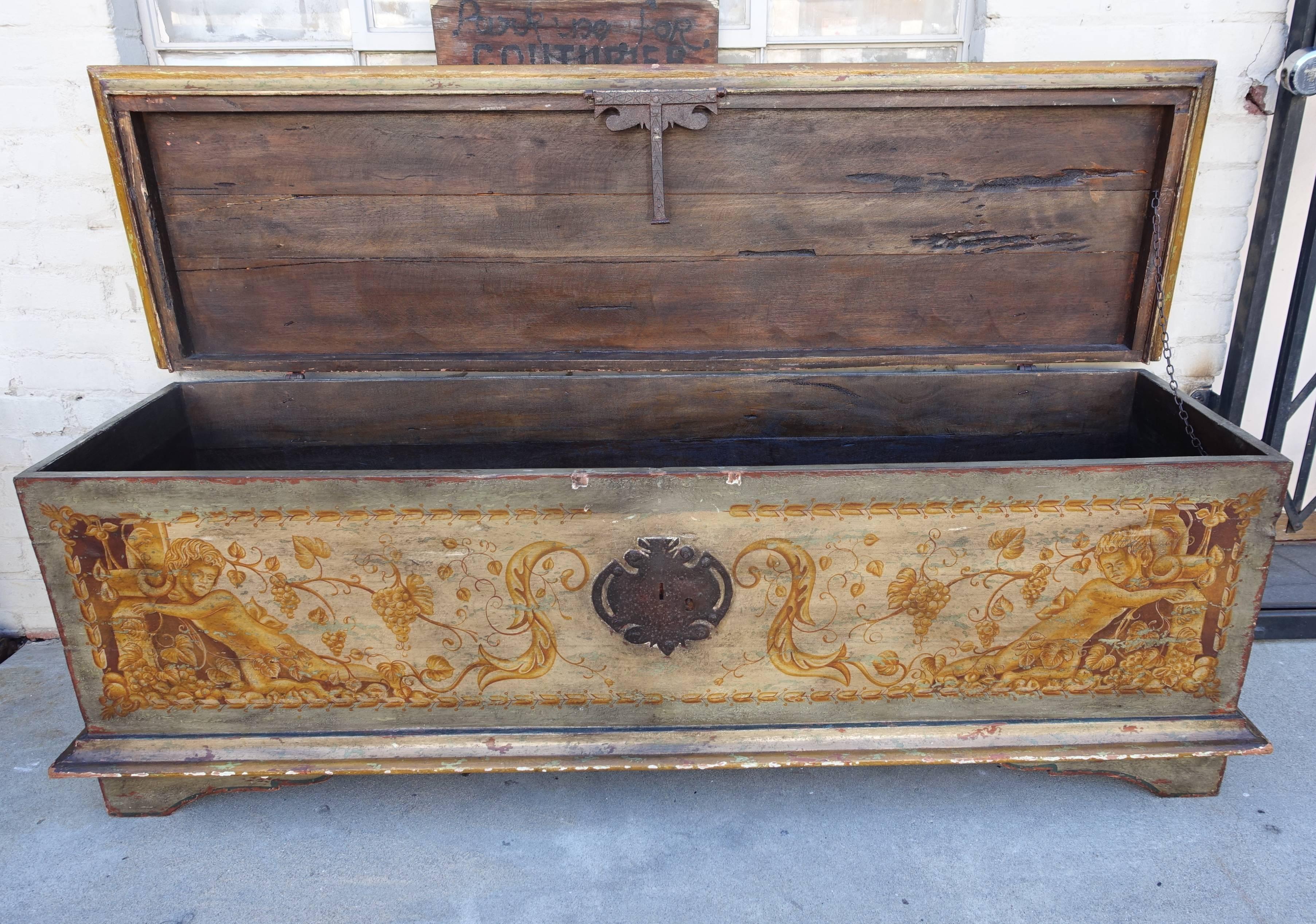 Early 20th Century Italian Hand-Painted Wood and Iron Trunk, circa 1900