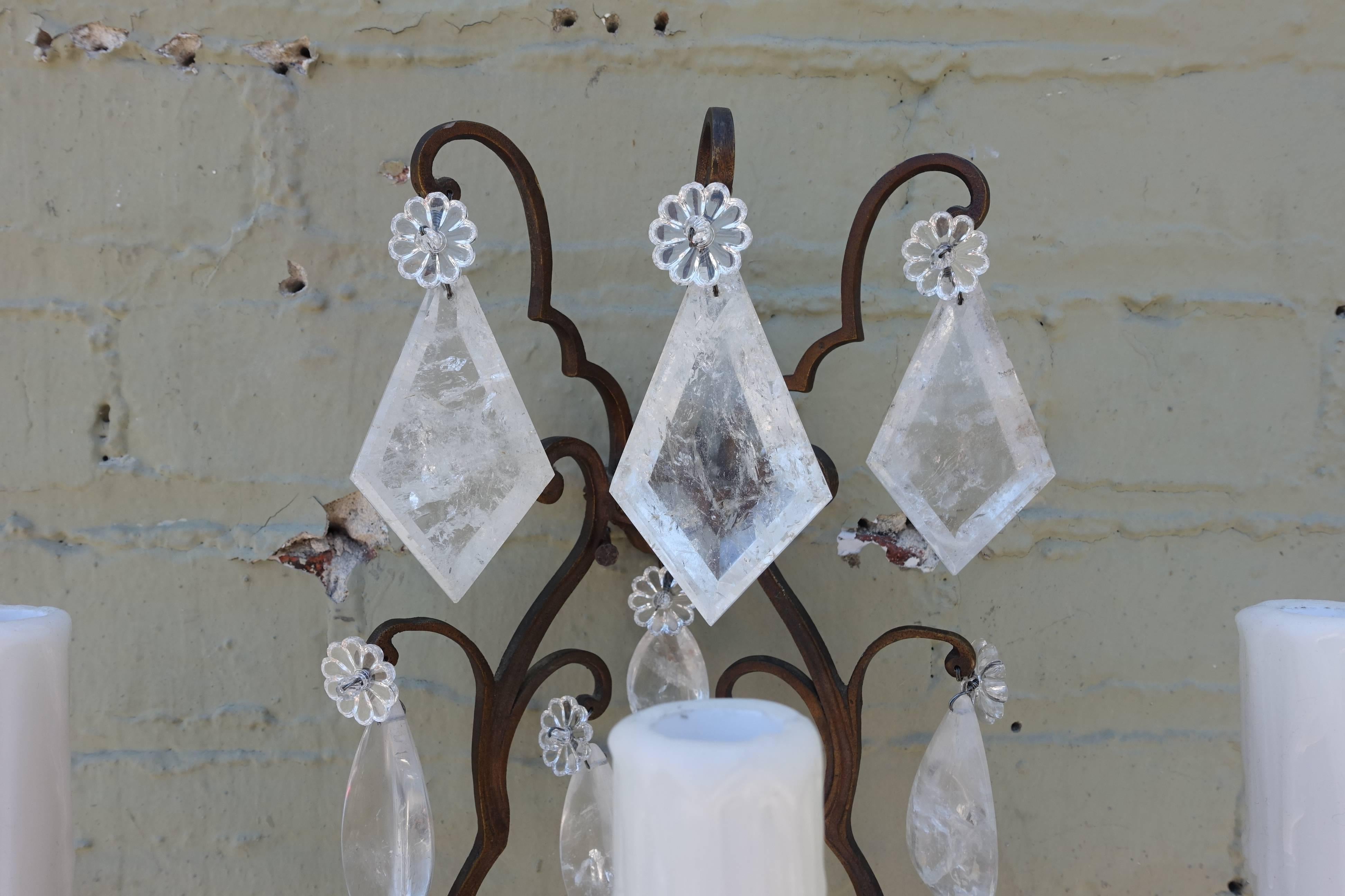 Pair of French Bronze Rock Crystal Sconces For Sale 3