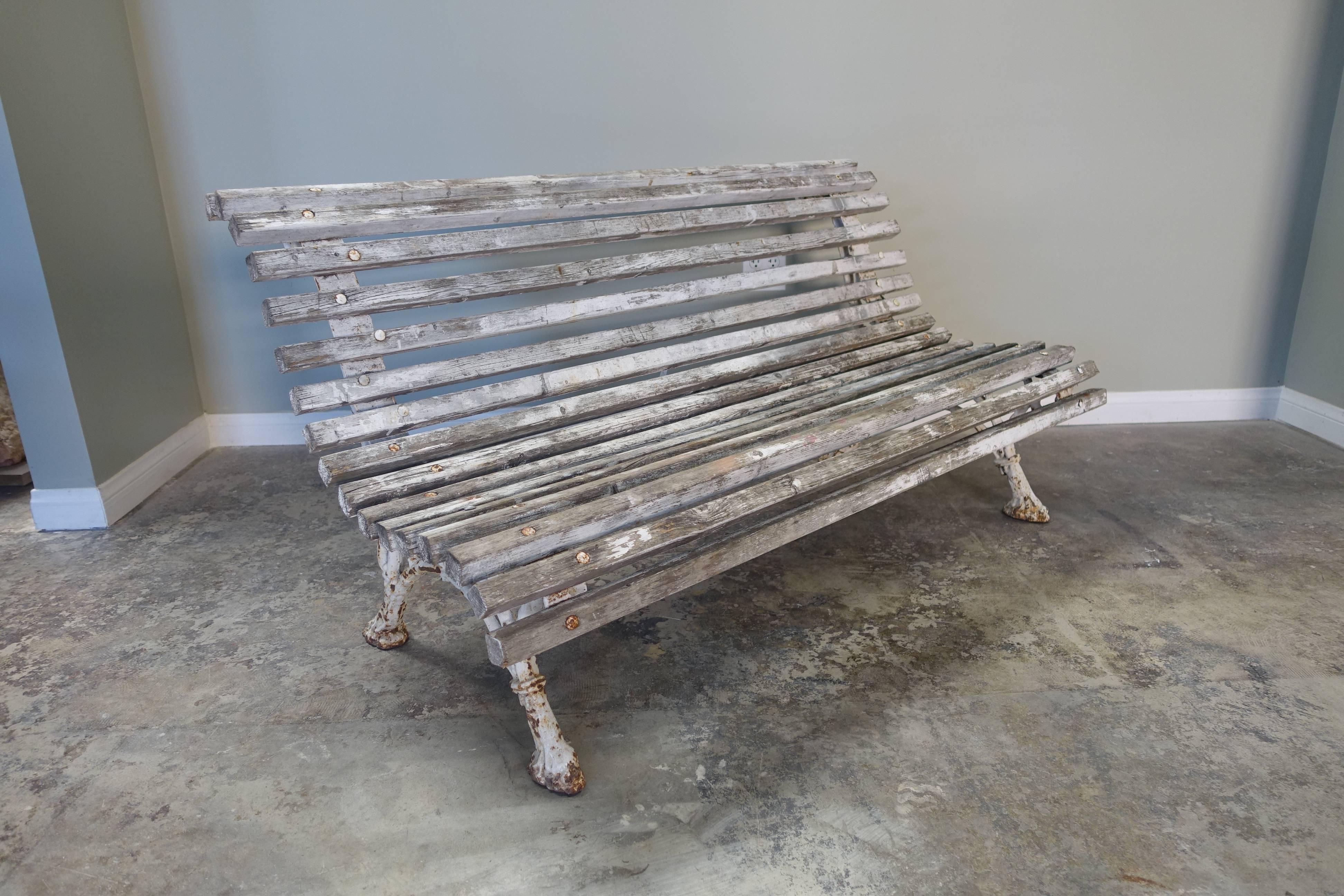 Pair of French Wood and Iron Painted Benches In Distressed Condition In Los Angeles, CA