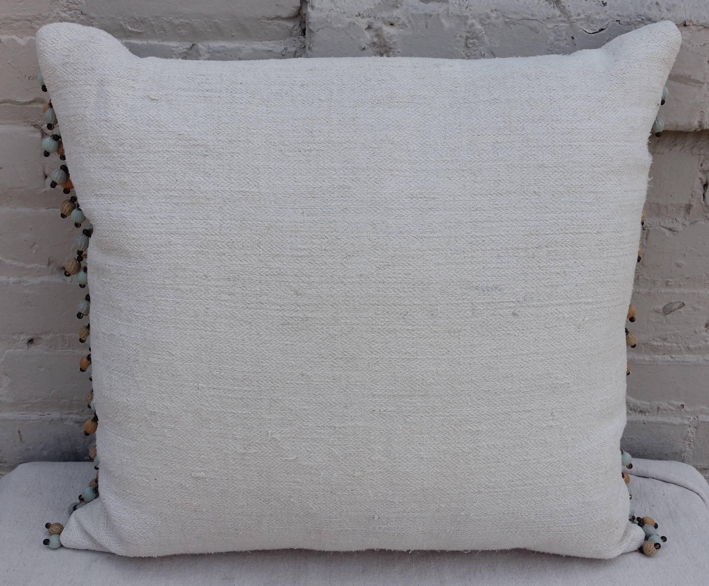 19th Century Italian Appliqued Linen Pillow with Fringe