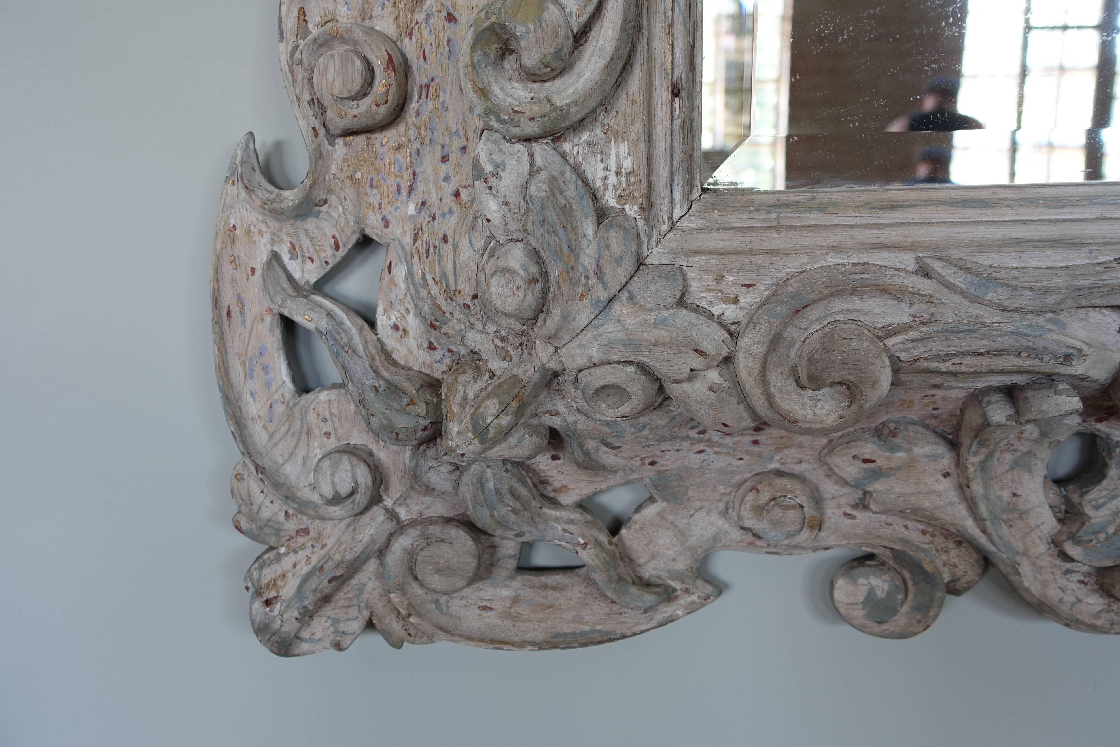 Rococo Antique Italian Carved Painted Mirror with Bevel
