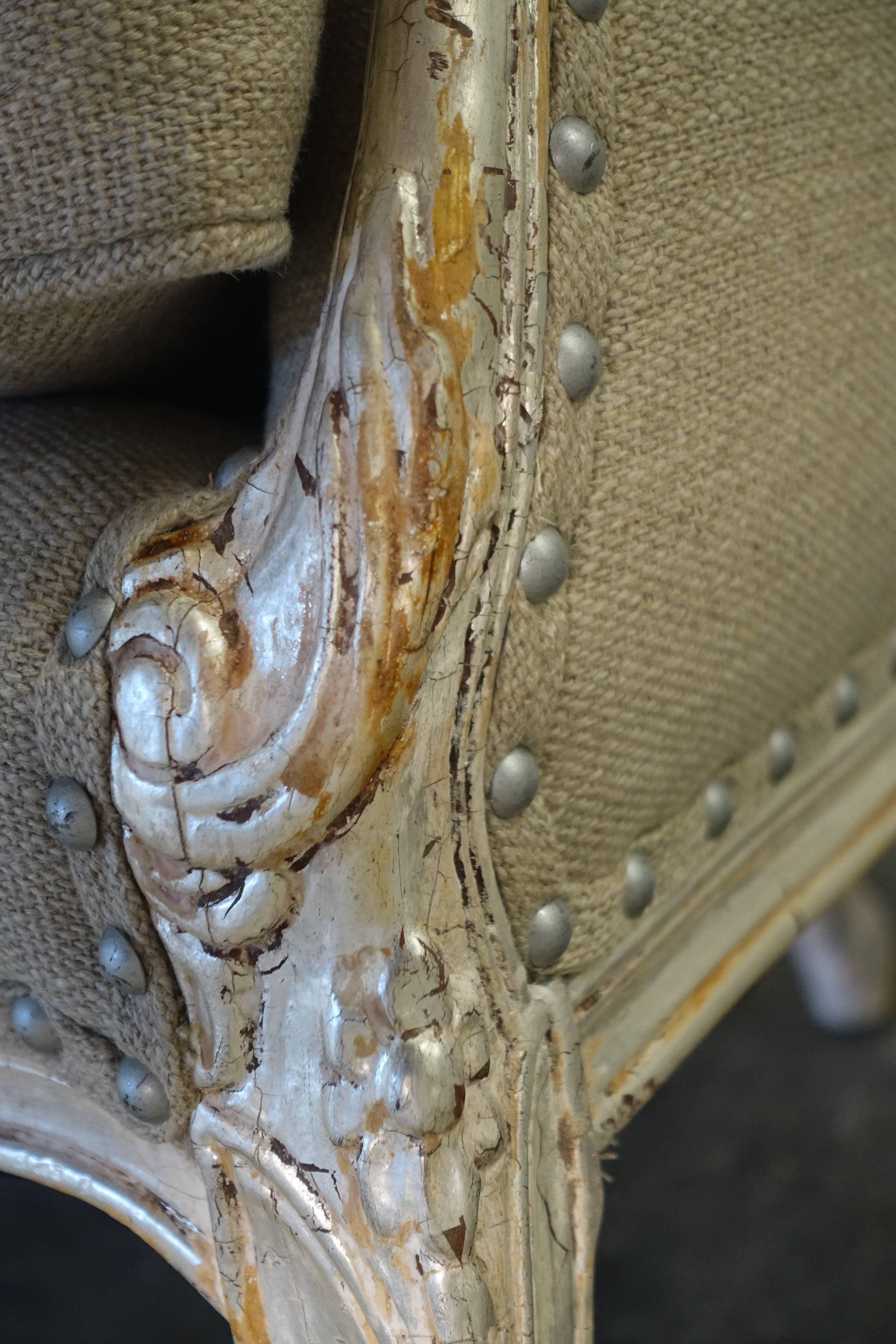 Linen Pair of French Silvered Louis XV Style Settees