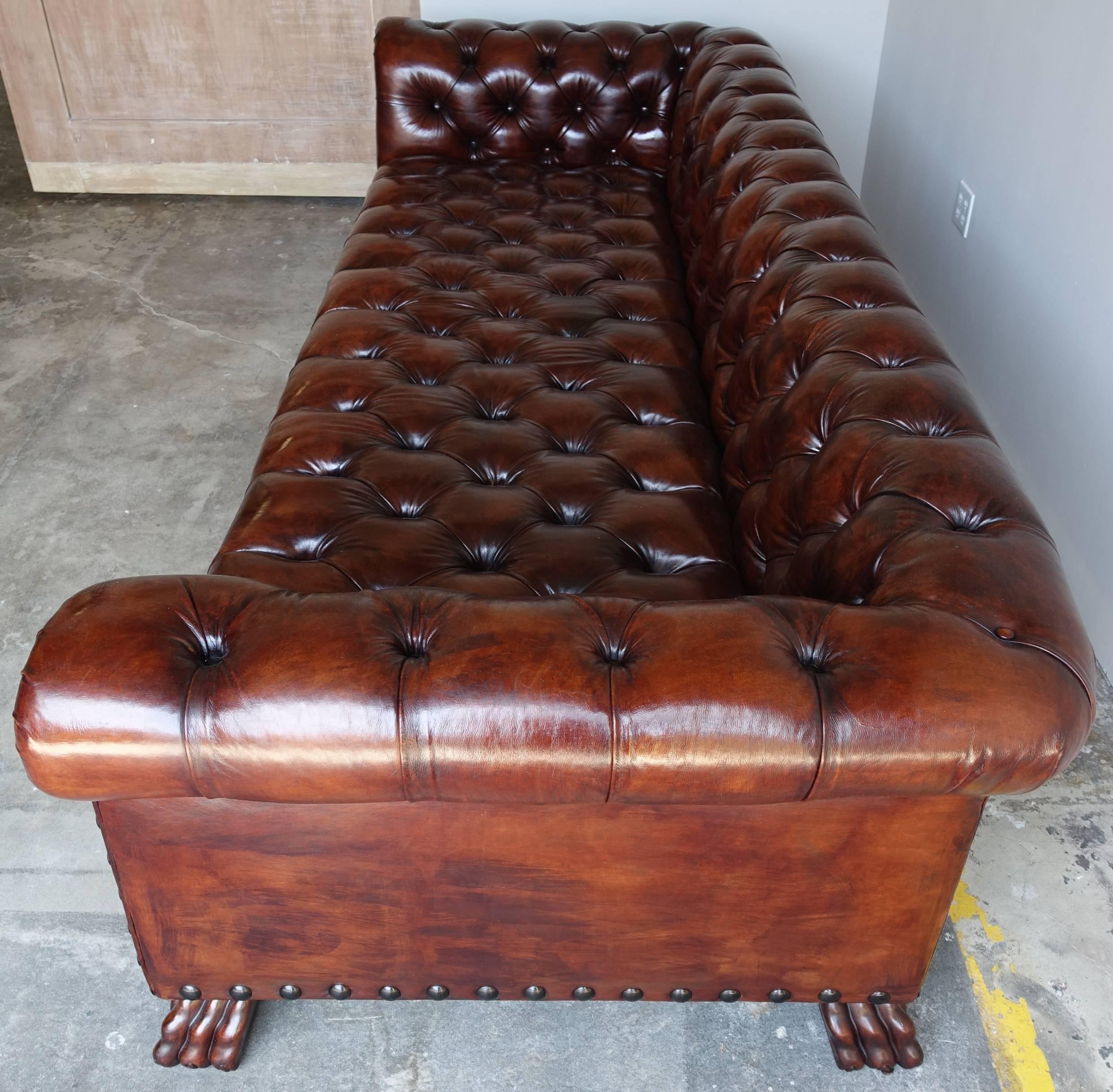 English Monumental Chesterfield Leather Sofa with Nailhead Trim