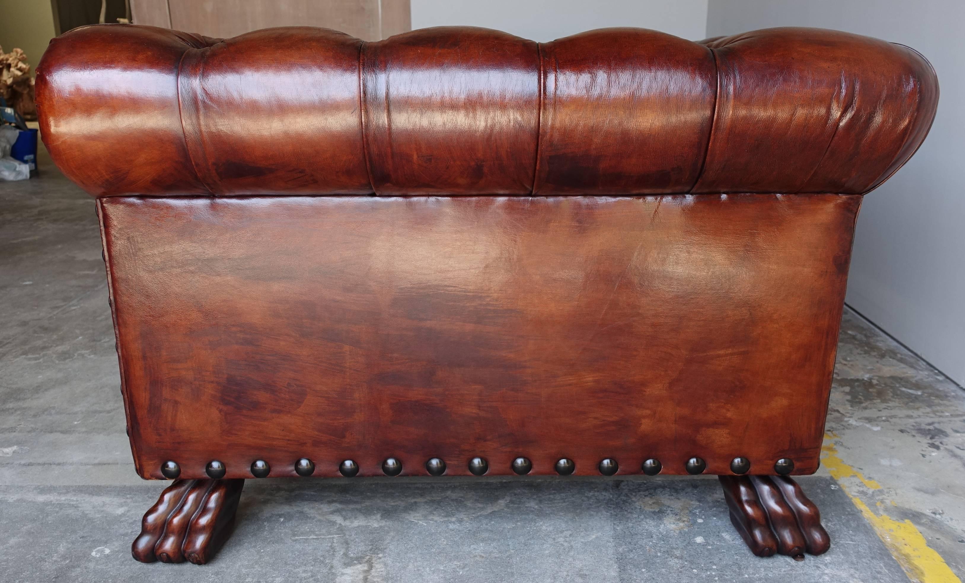Monumental Chesterfield Leather Sofa with Nailhead Trim In Distressed Condition In Los Angeles, CA
