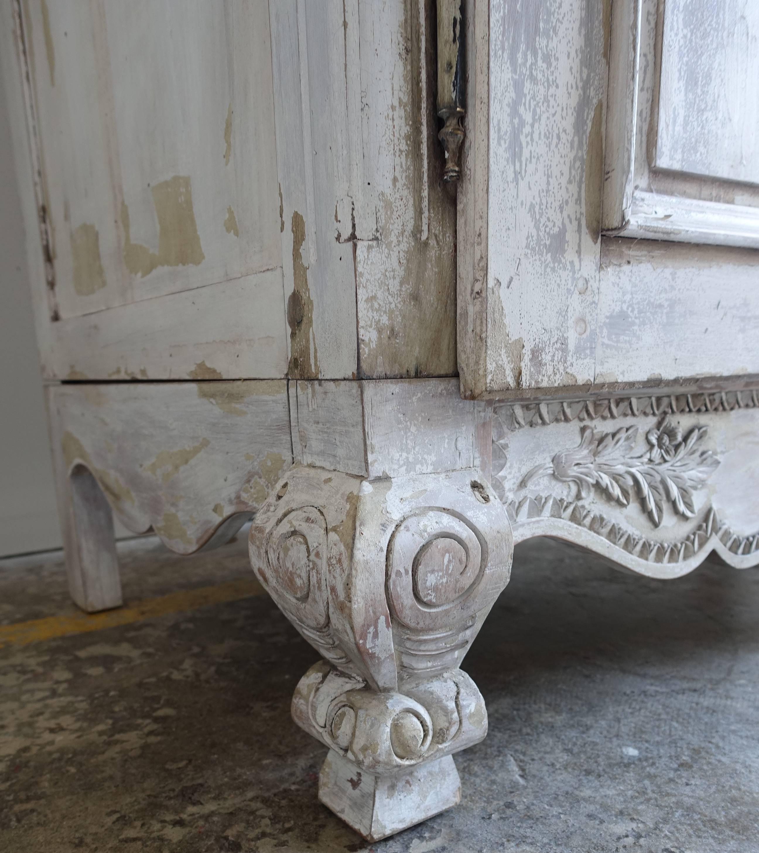 French Carved Painted Wedding Armoire In Distressed Condition In Los Angeles, CA