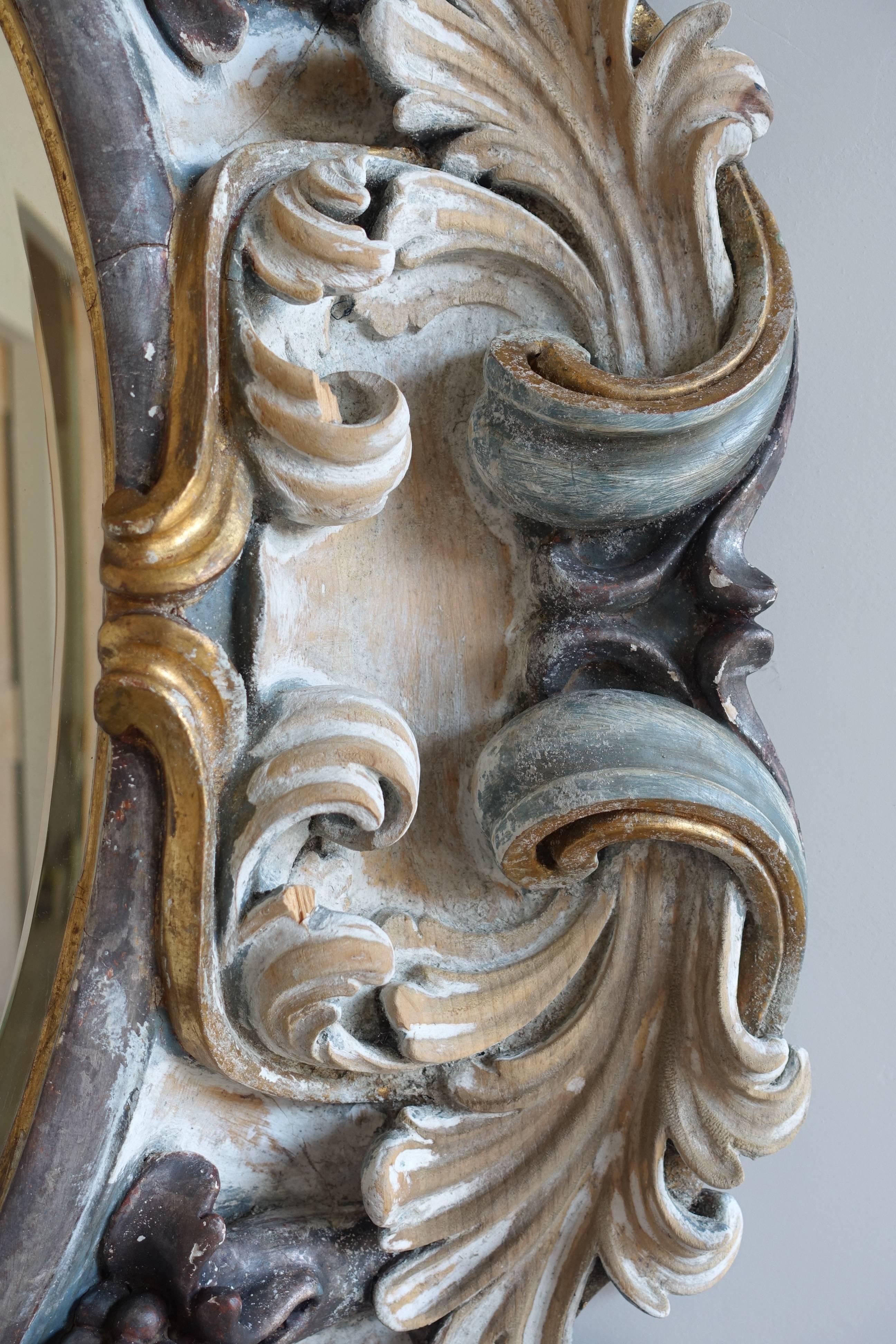 Italian Rococo Style Carved Wood Mirror, circa 1930s In Distressed Condition In Los Angeles, CA