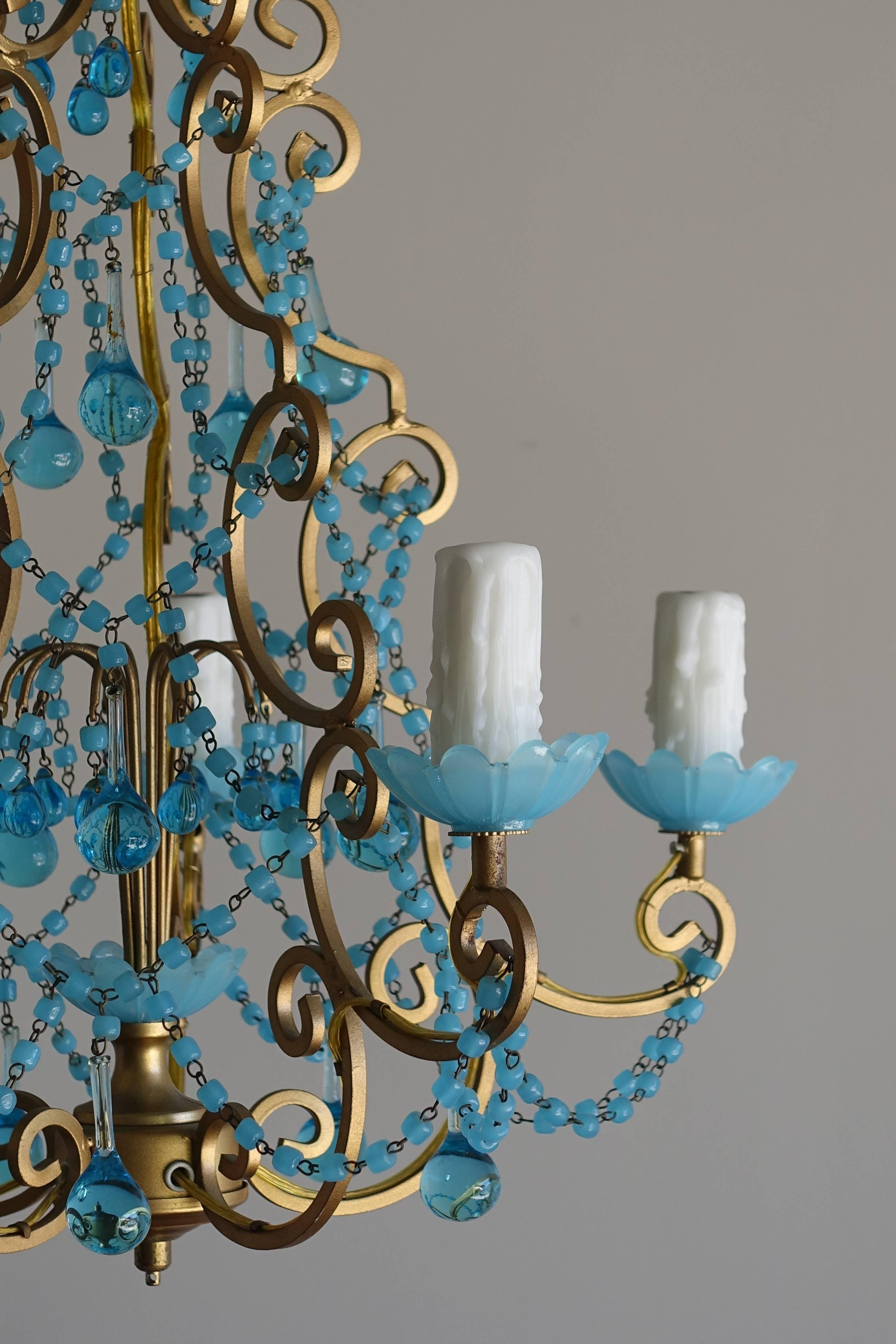 French Macaroni Beaded Aqua Blue Chandelier In Excellent Condition In Los Angeles, CA
