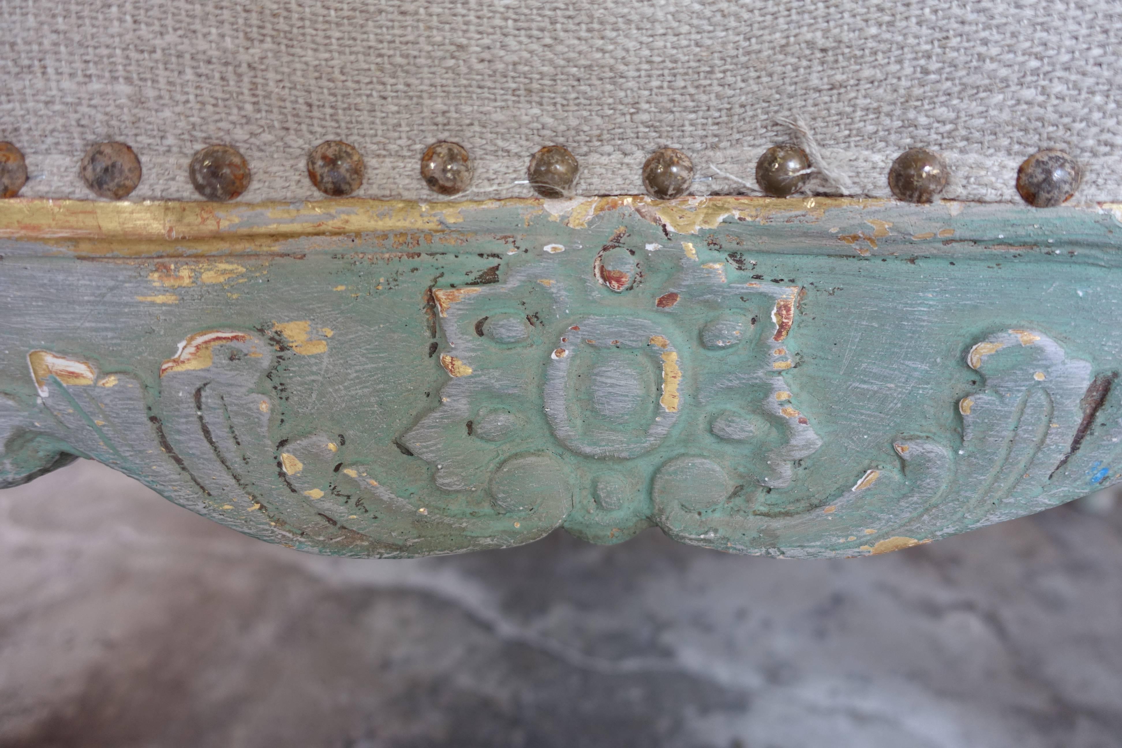 Gilt Pair of Aqua Painted French Rococo Style Fauteuils