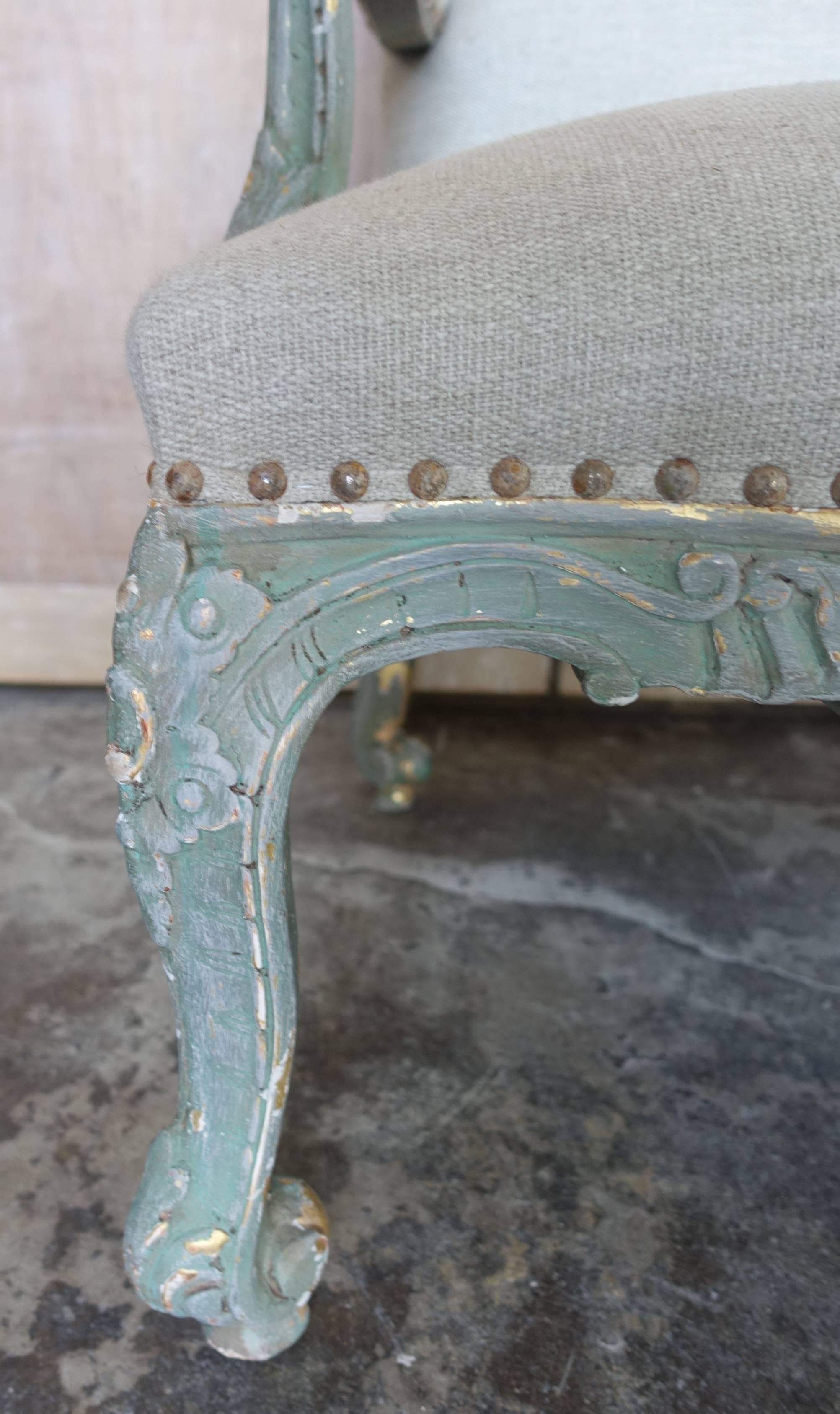 Pair of Aqua Painted French Rococo Style Fauteuils In Distressed Condition In Los Angeles, CA