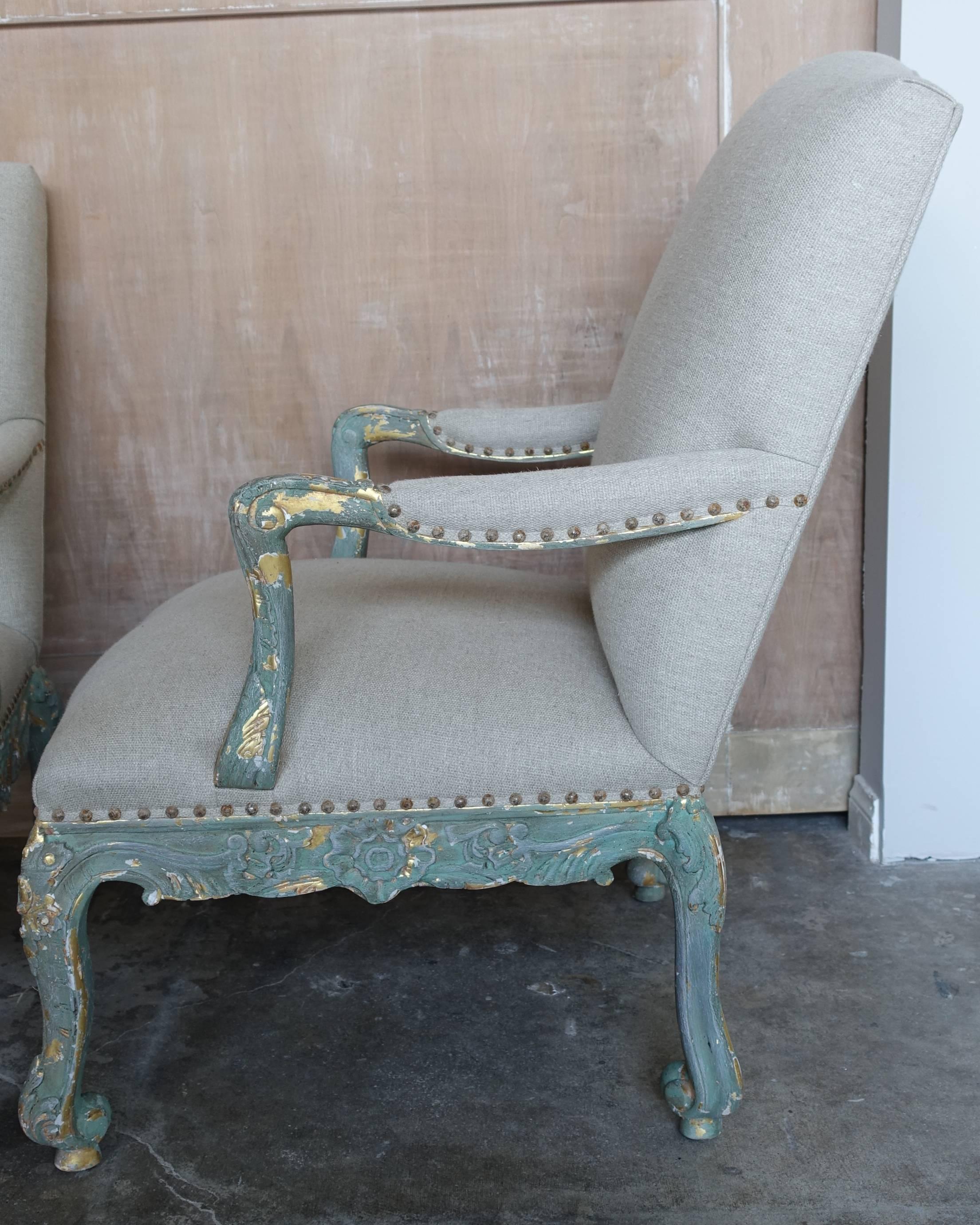 20th Century Pair of Aqua Painted French Rococo Style Fauteuils