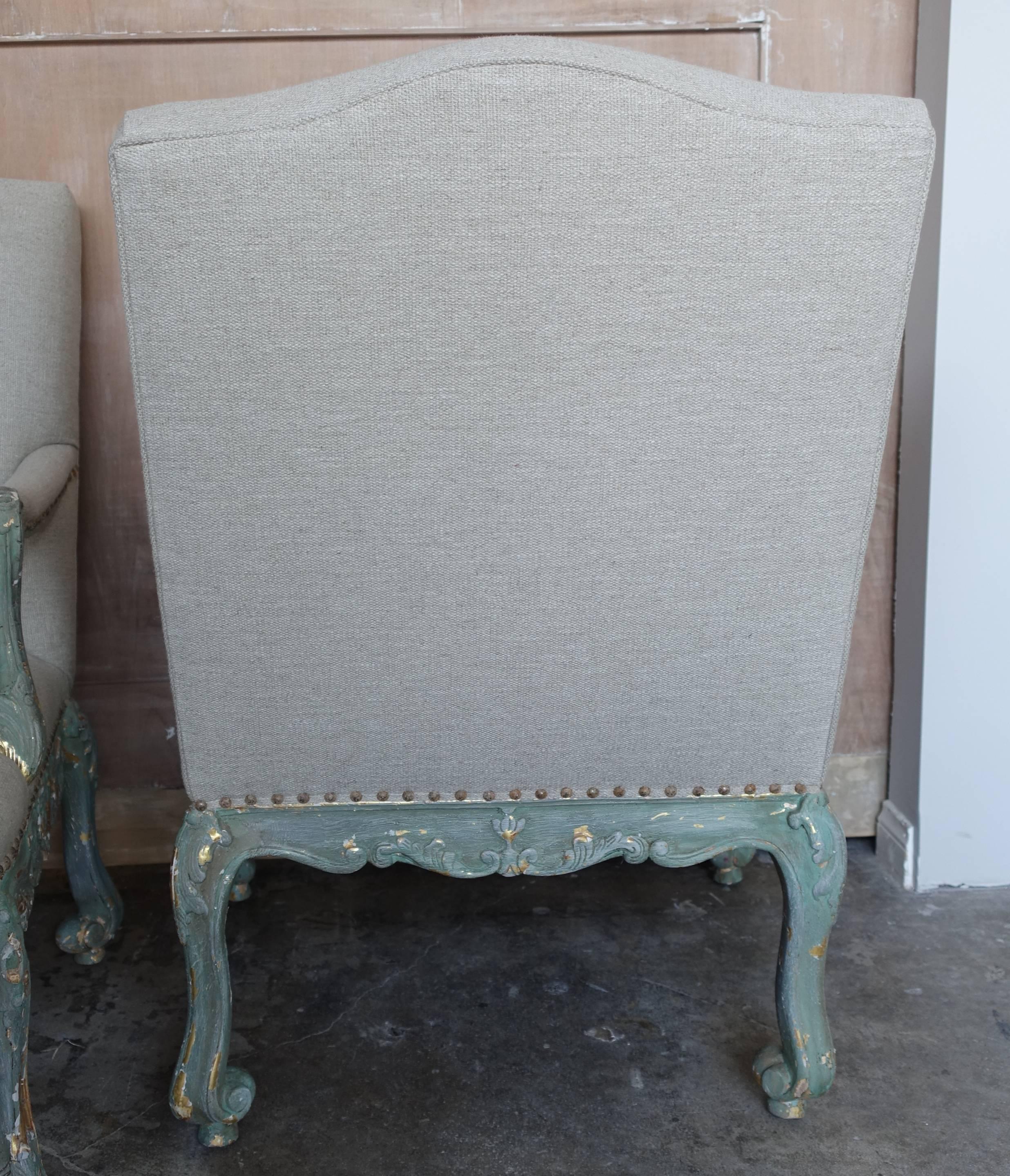Linen Pair of Aqua Painted French Rococo Style Fauteuils