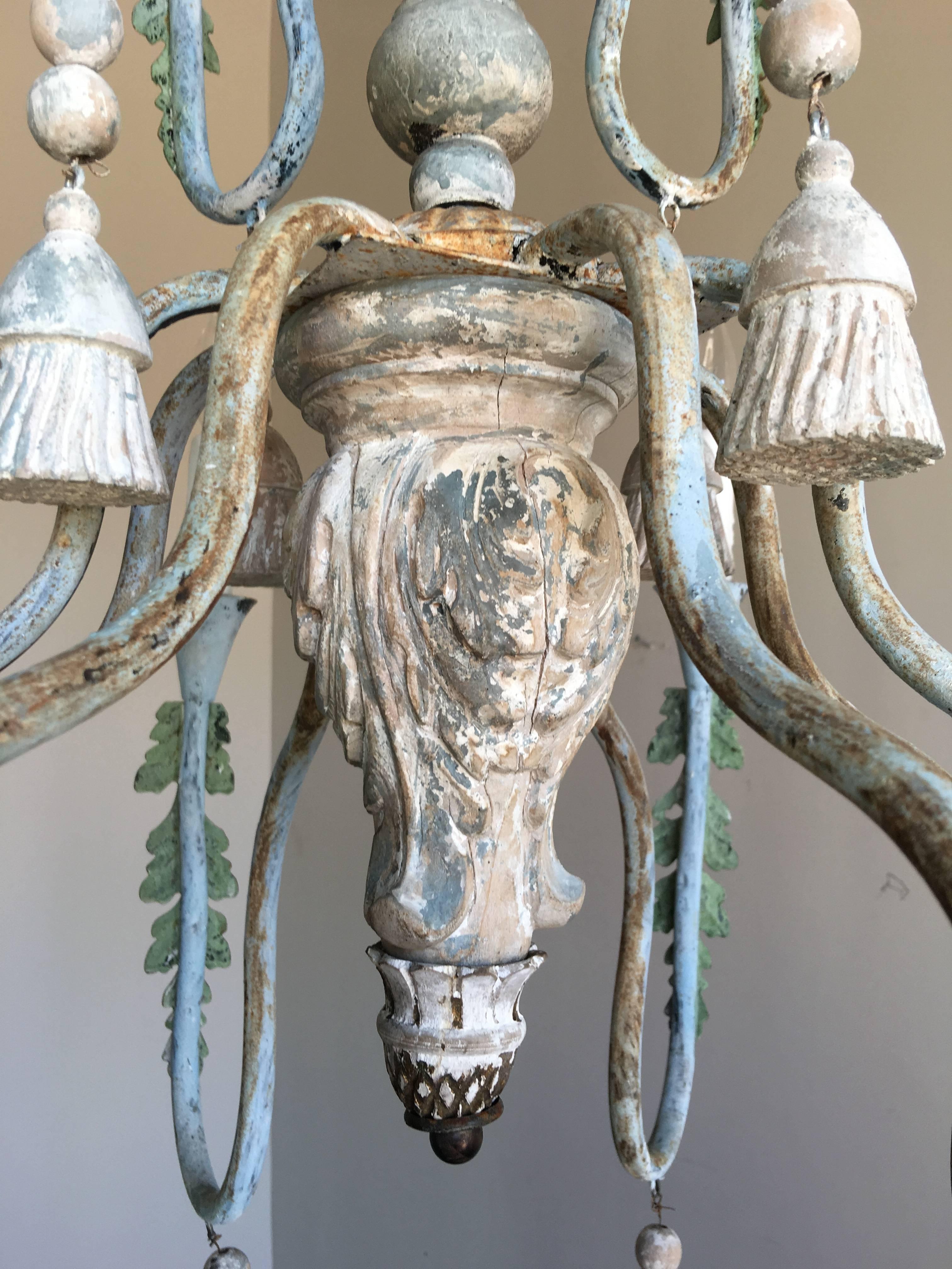 Rococo Italian Wood and Iron Chandelier with Tassels