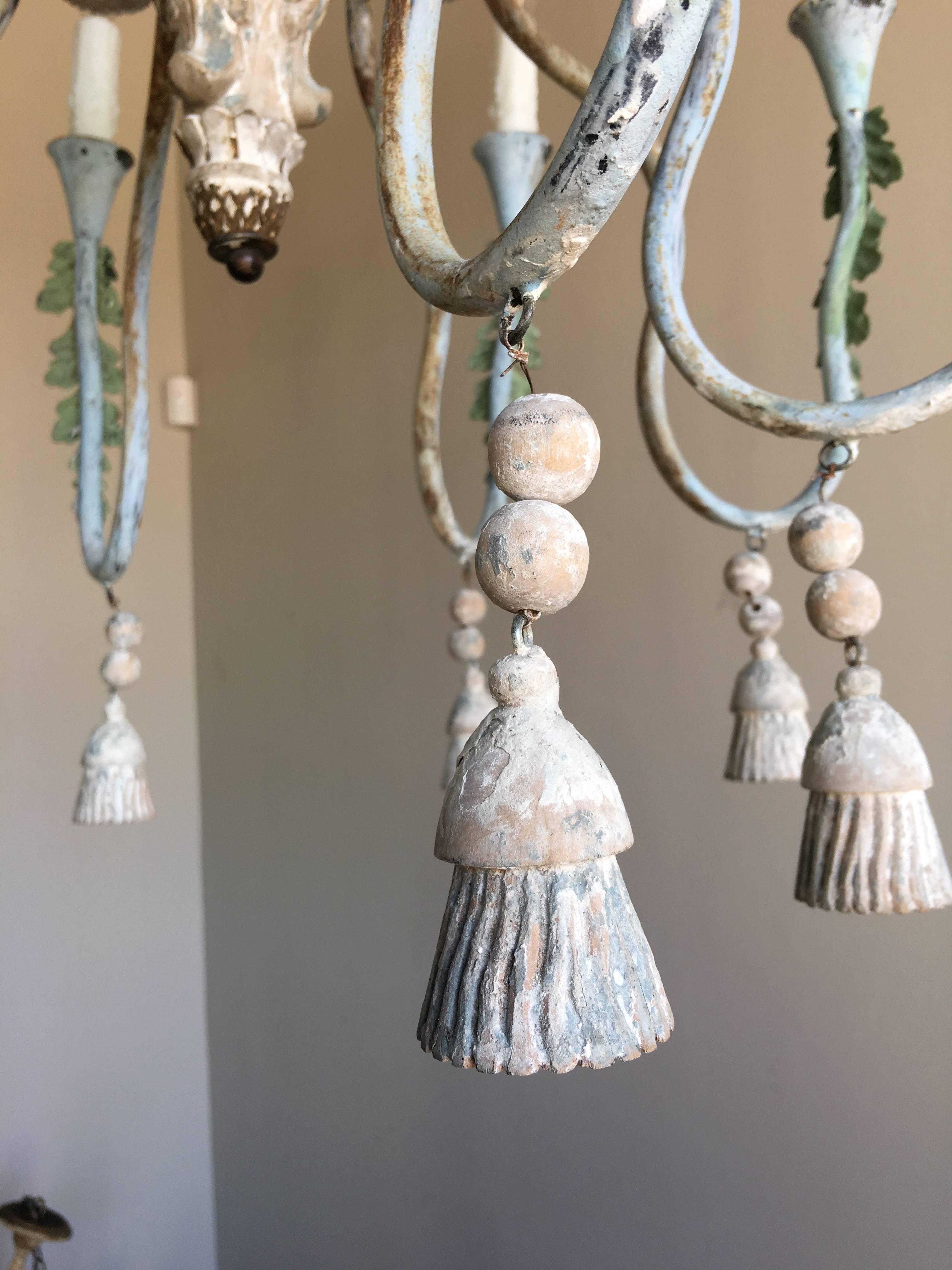 Italian Wood and Iron Chandelier with Tassels In Distressed Condition In Los Angeles, CA