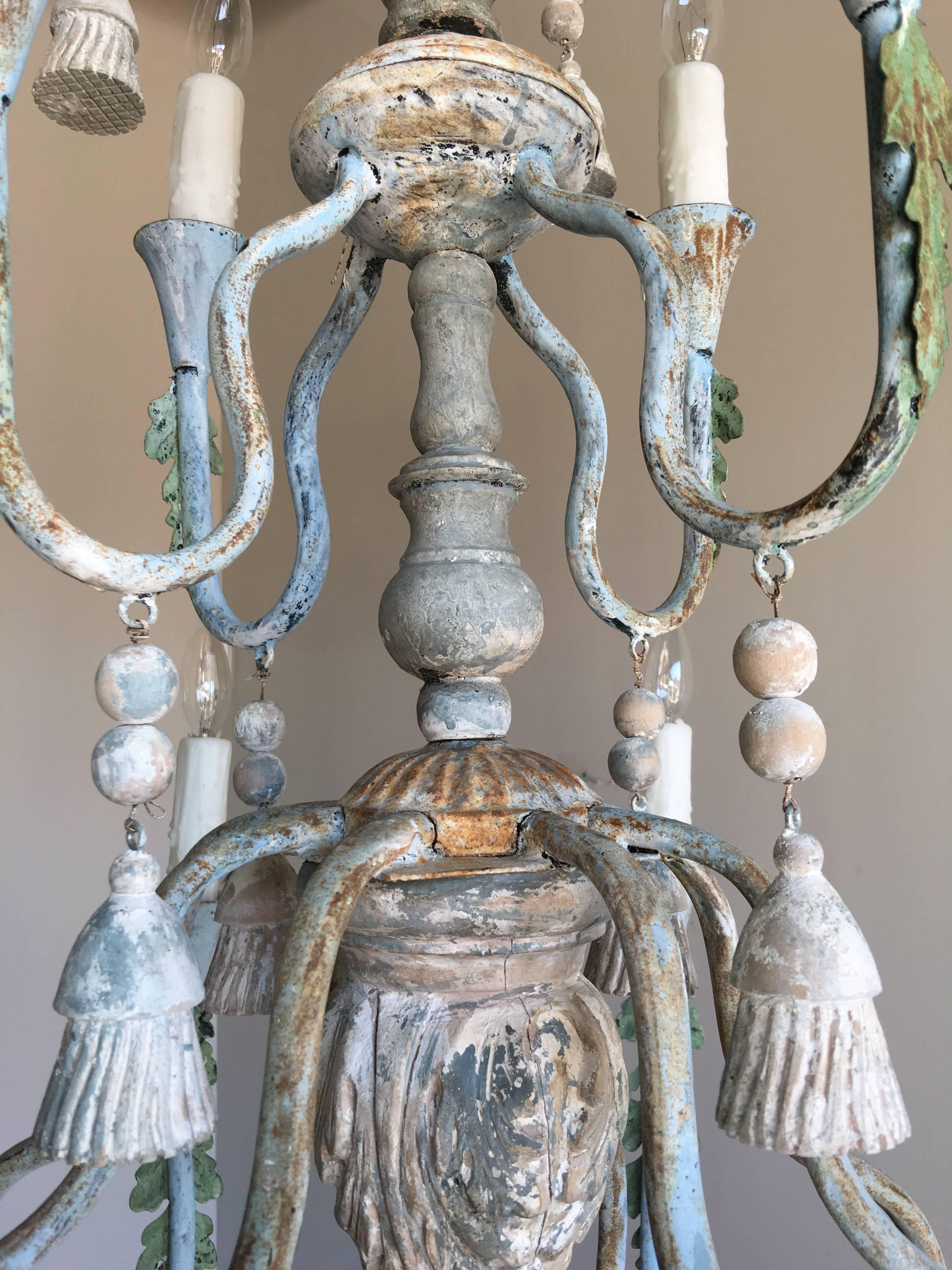 Mid-20th Century Italian Wood and Iron Chandelier with Tassels