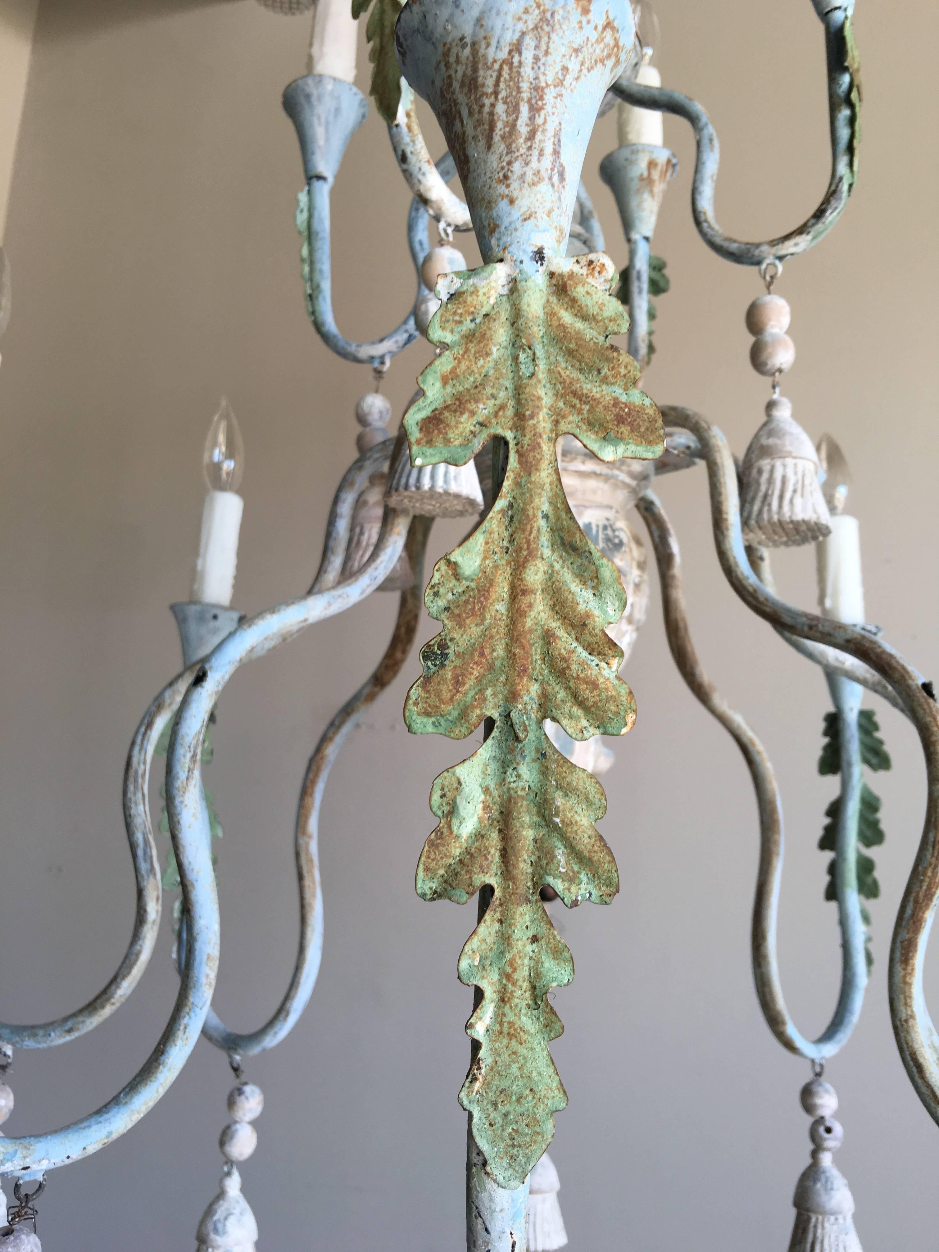 Italian Wood and Iron Chandelier with Tassels 1
