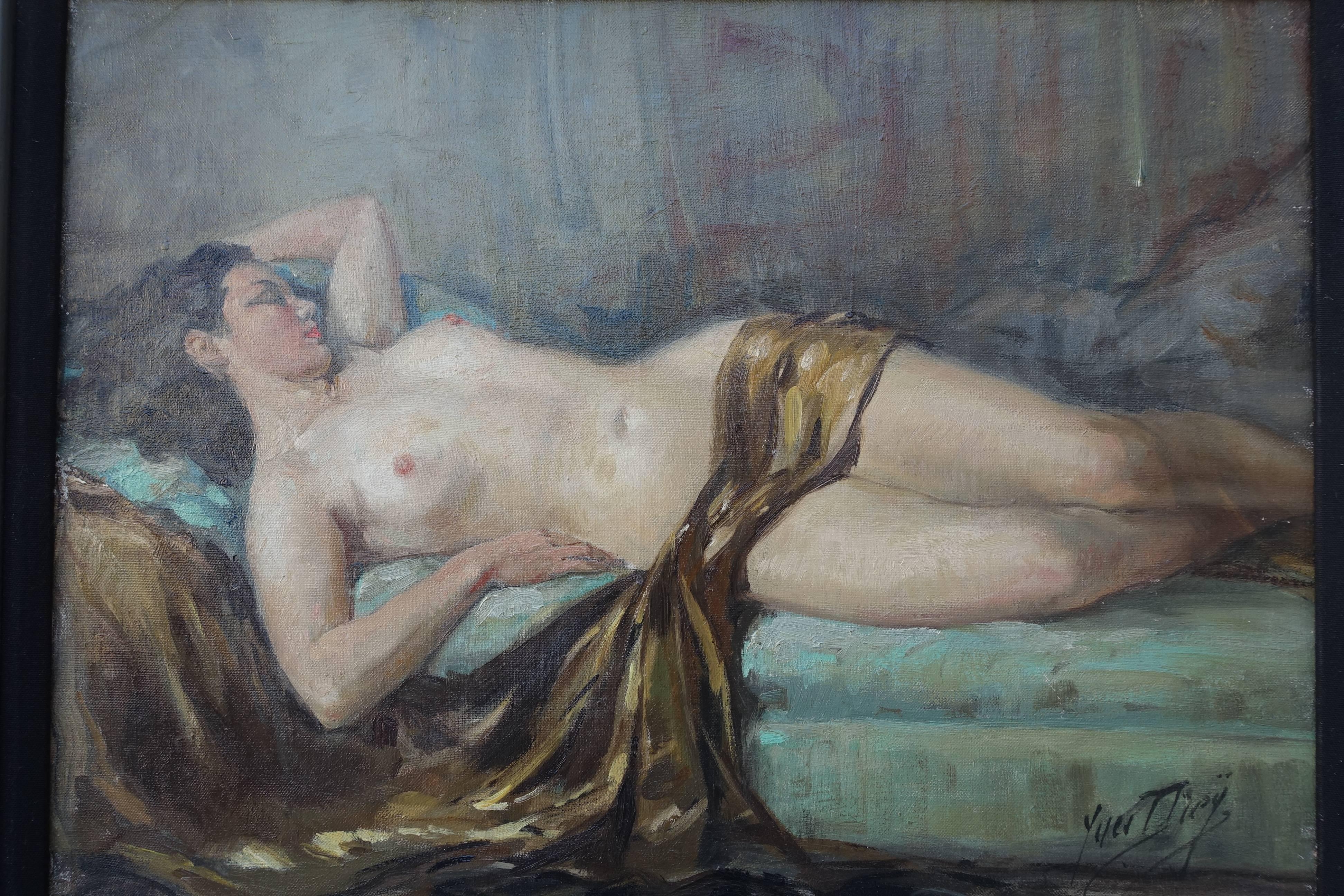 Oil on canvas, "Reclining Nude" signed Yves Diey, France, circa 1930.