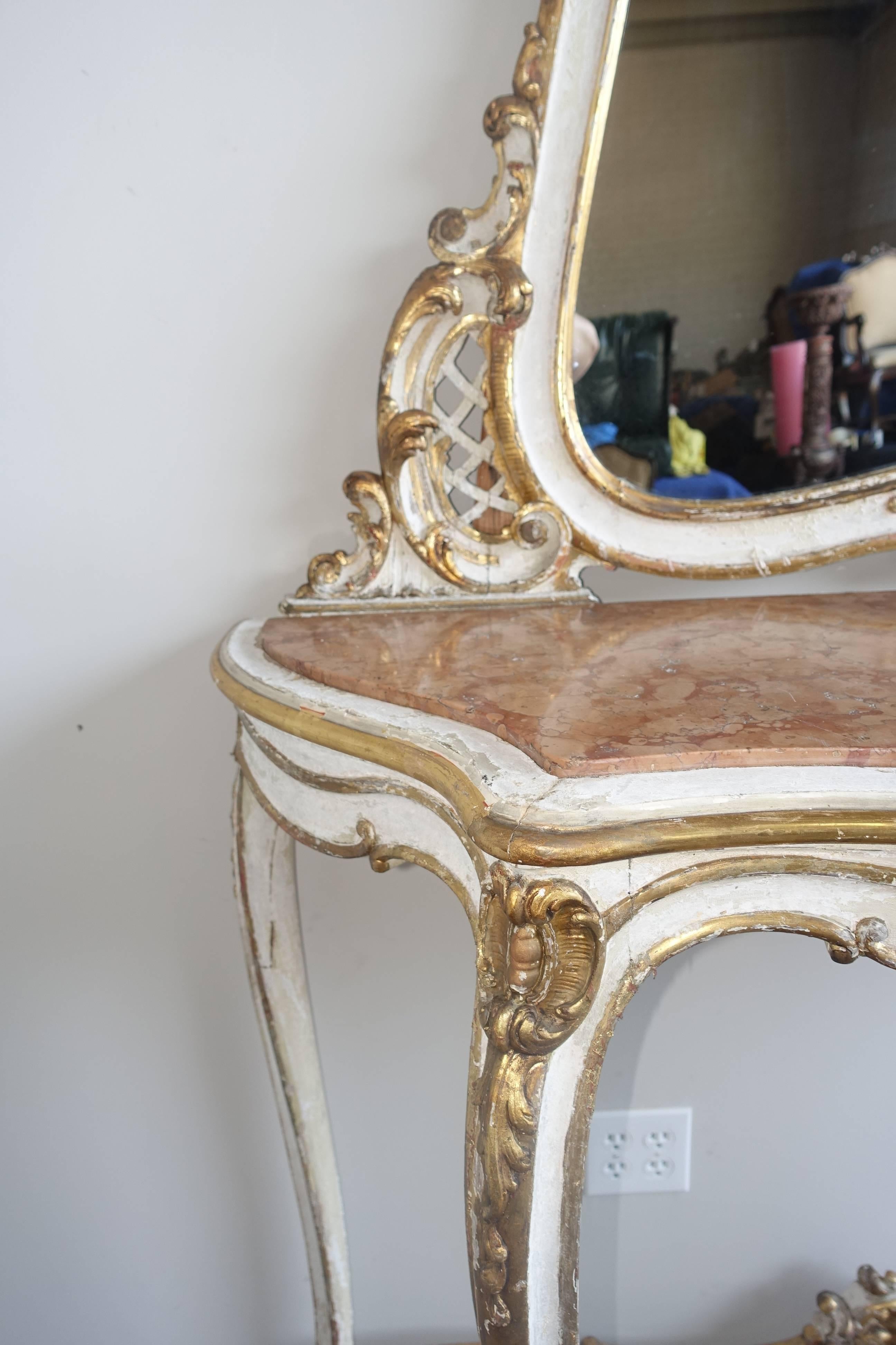 Italian 19th Century Louis XV Style Painted and Parcel-Gilt Console and Mirror