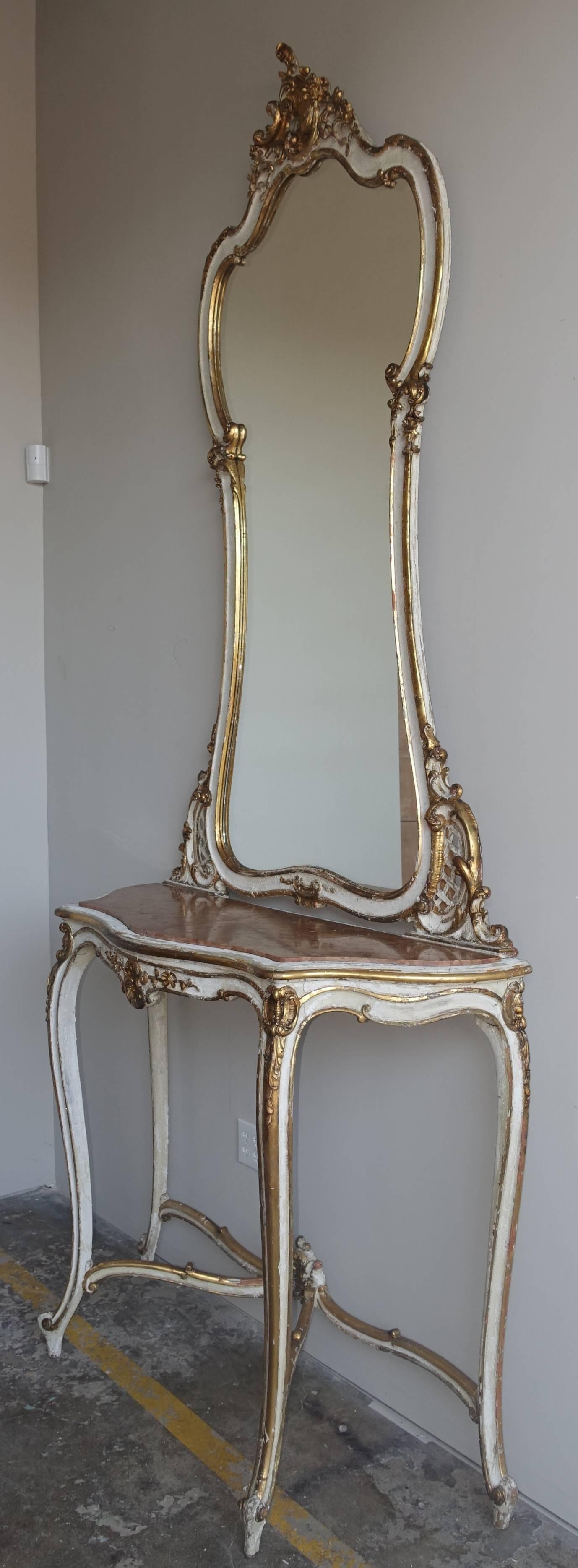 19th Century Louis XV Style Painted and Parcel-Gilt Console and Mirror In Distressed Condition In Los Angeles, CA
