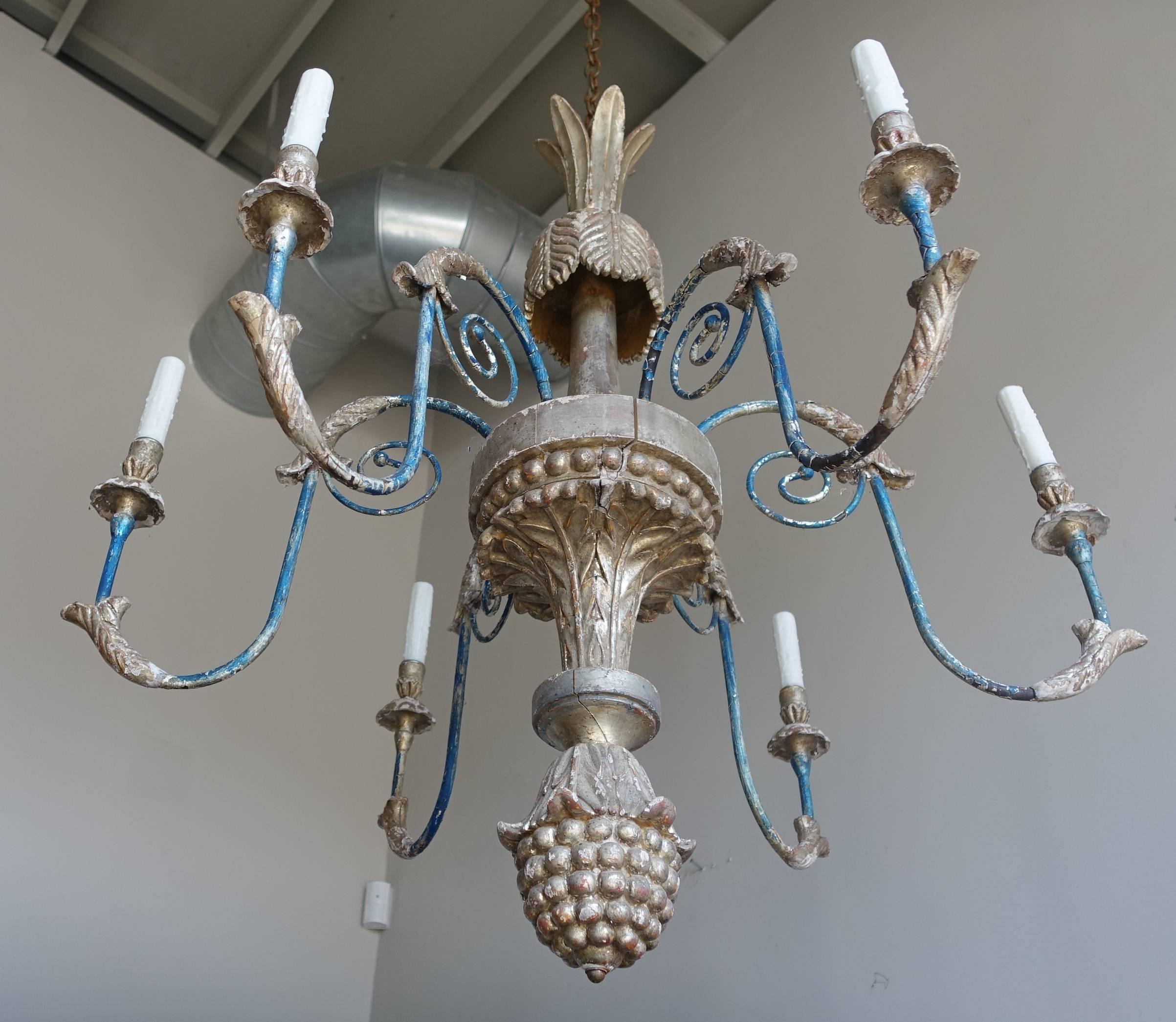 Neoclassical Italian Style Carved Silvered and Painted Chandelier