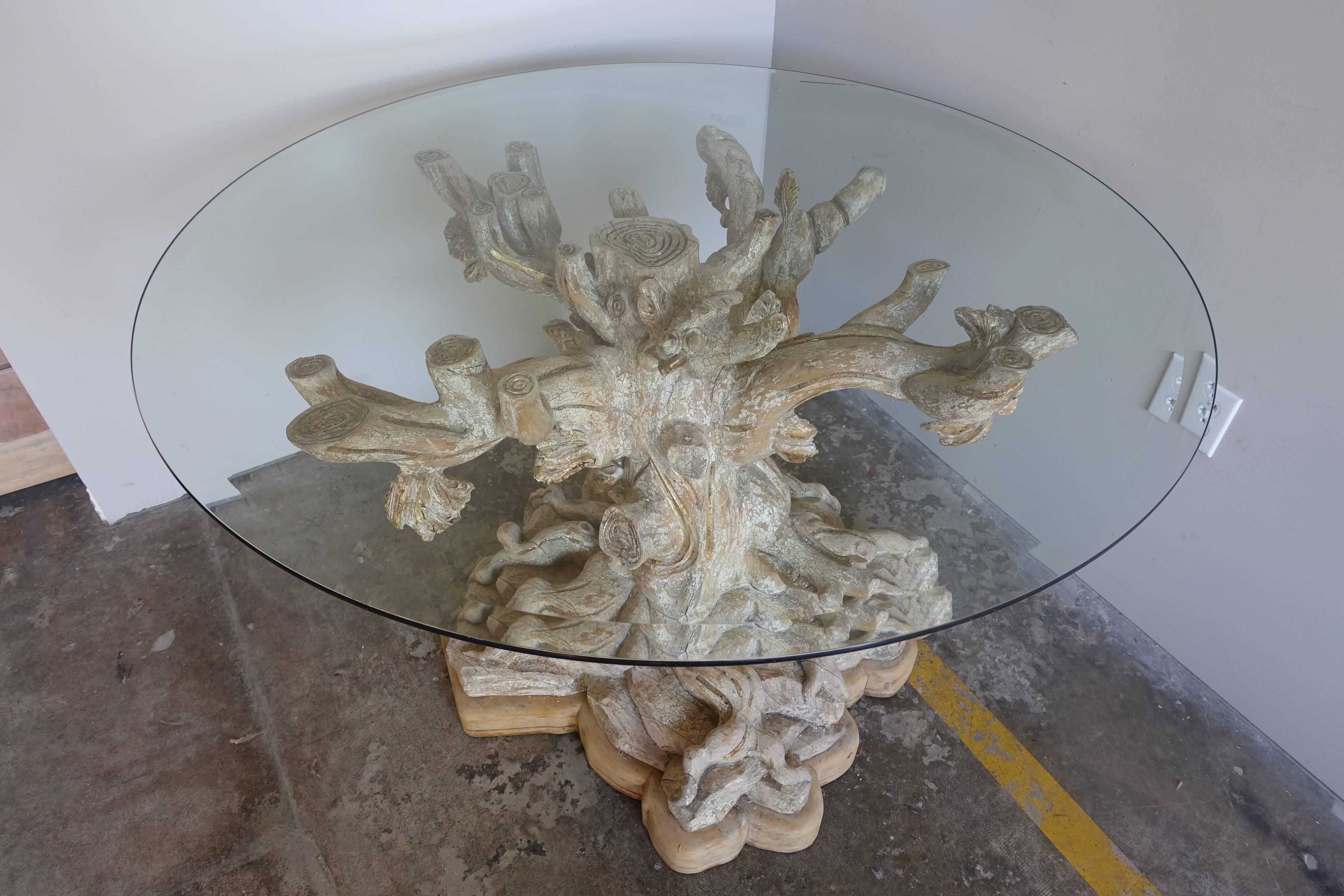 Italian Carved Tree Table with Glass Top In Distressed Condition In Los Angeles, CA