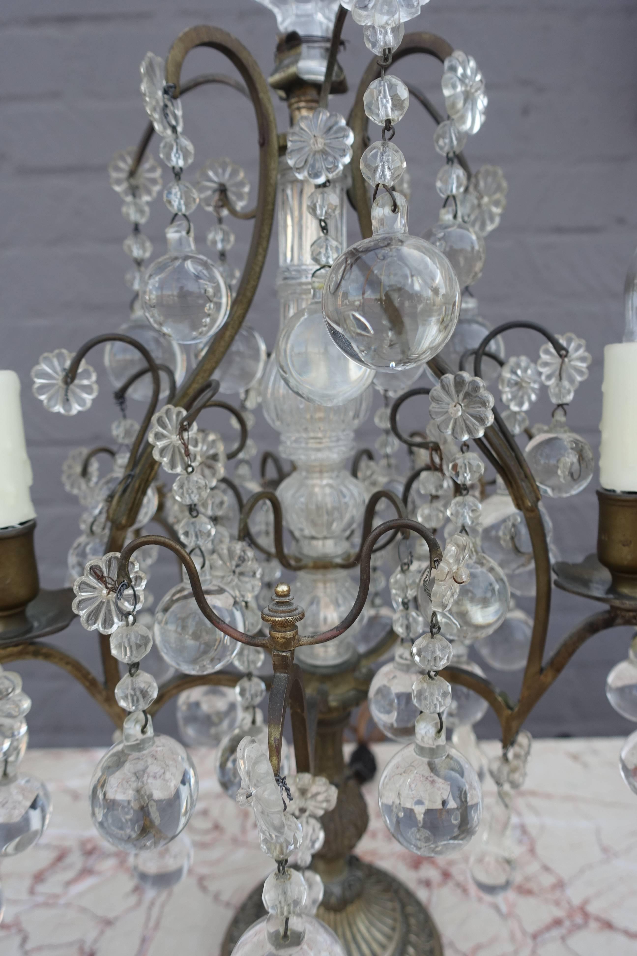 Pair of French Six-Light Bronze and Crystal Girandoles 3