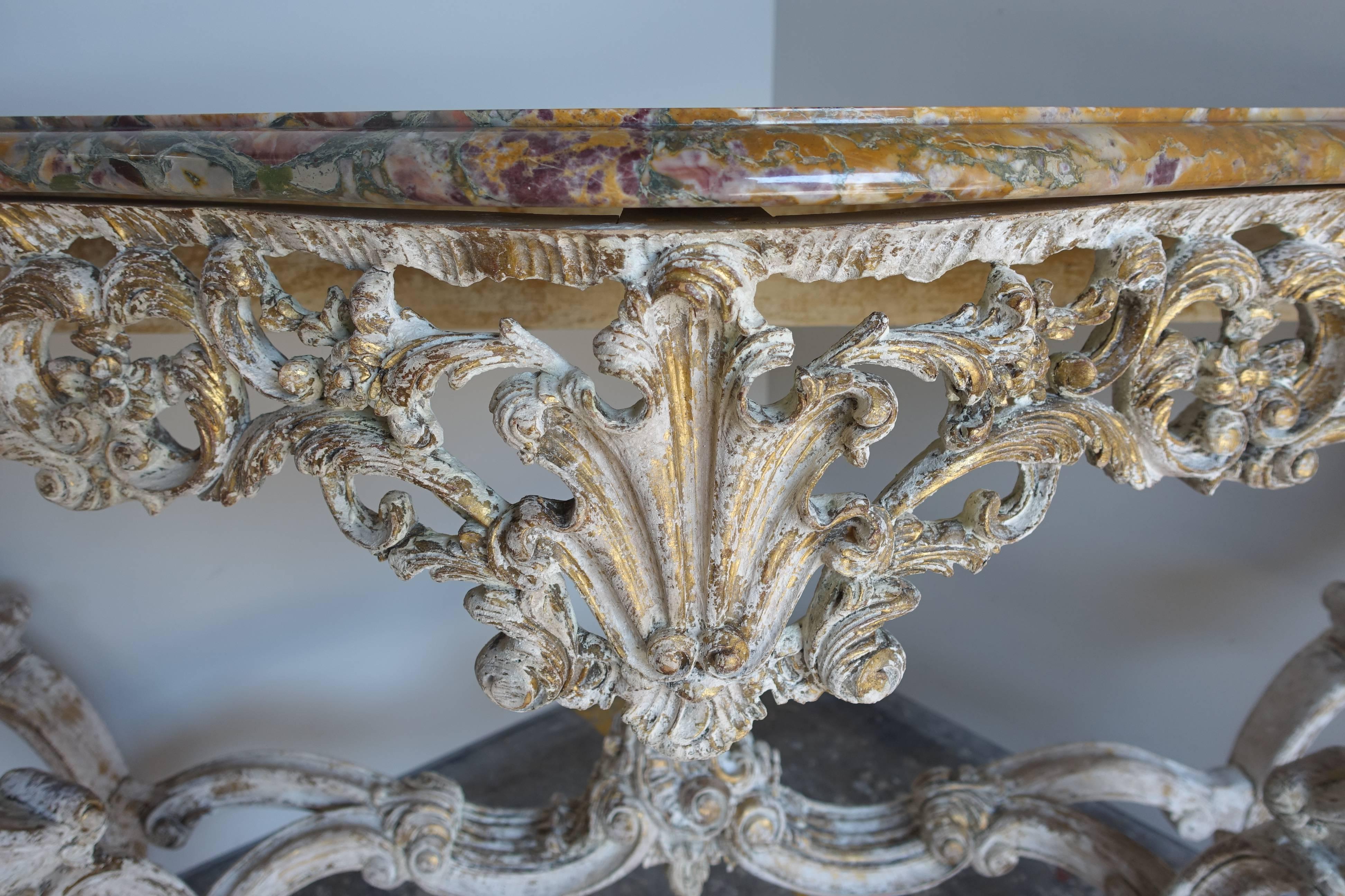 Pair of Louis XV Style Painted Consoles with Marble Tops In Distressed Condition In Los Angeles, CA