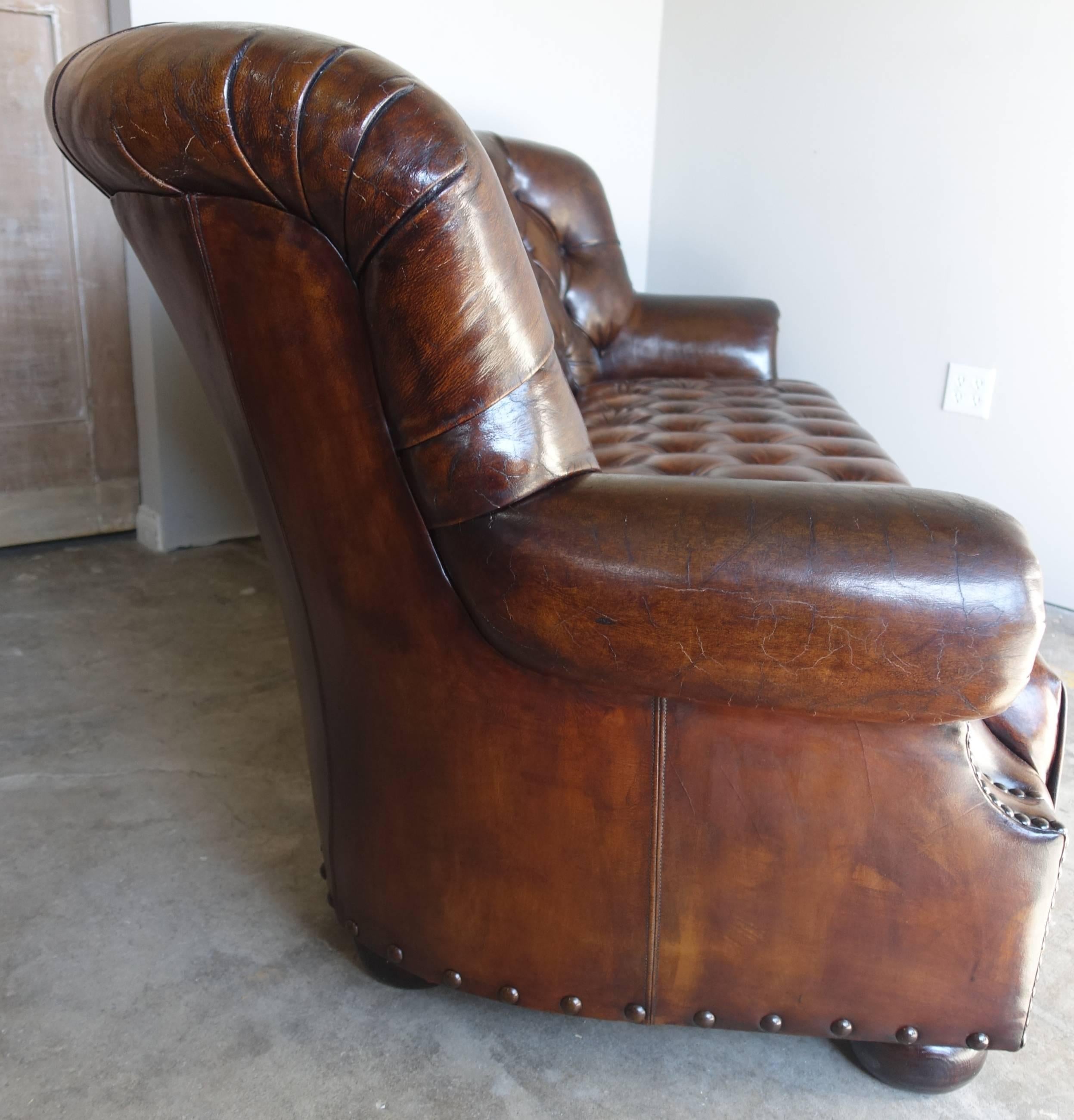 Chesterfield English Leather Tufted Sofa, circa 1930s